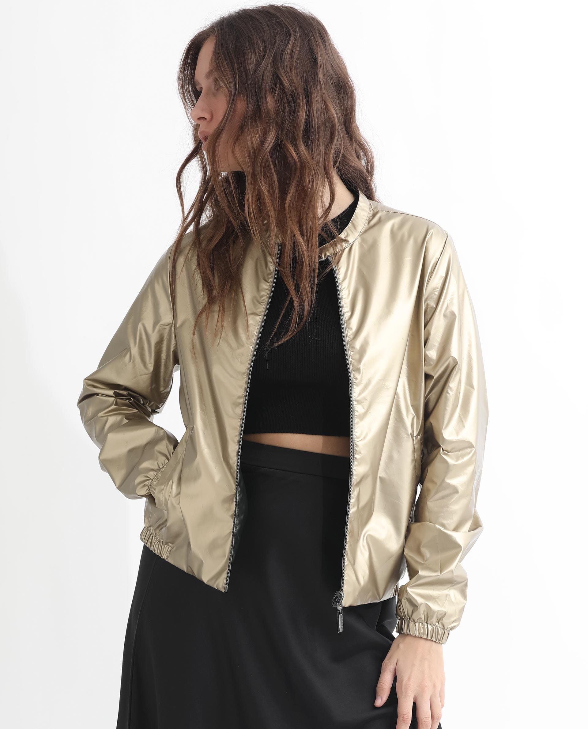 Rareism Women's Charlotte Gold Polyester Mandarin Collar Plain Regular Fit Jacket