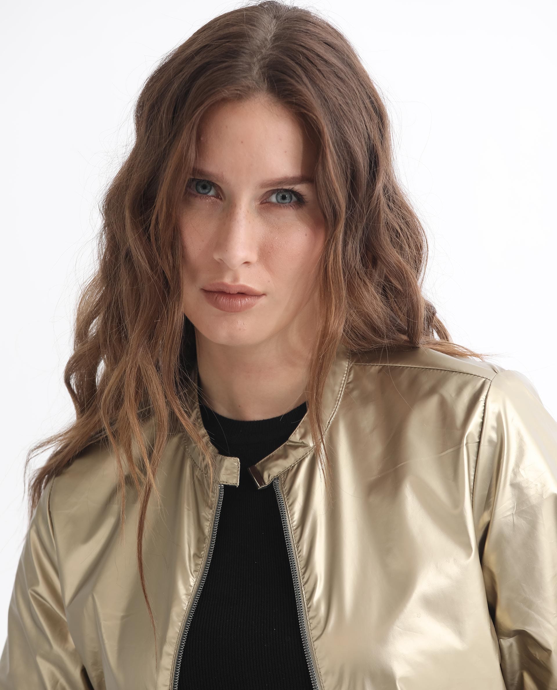 Rareism Women's Charlotte Gold Polyester Mandarin Collar Plain Regular Fit Jacket