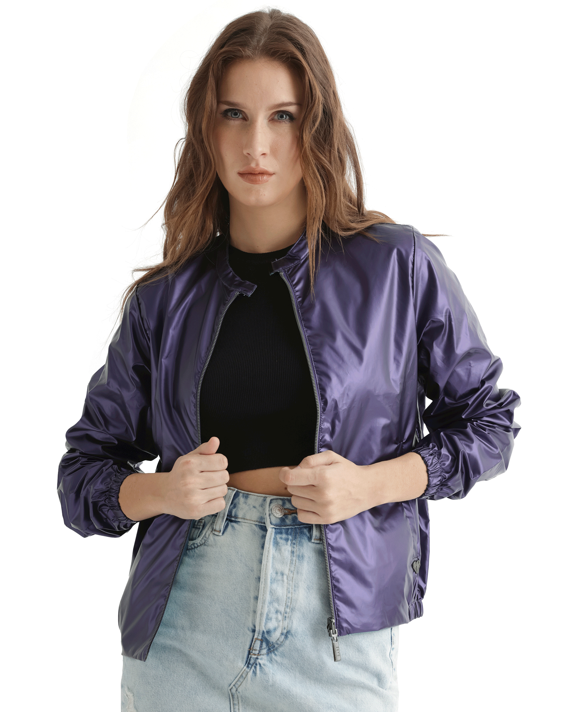 Rareism Women's Charlotte Purple Polyester Mandarin Collar Plain Regular Fit Jacket