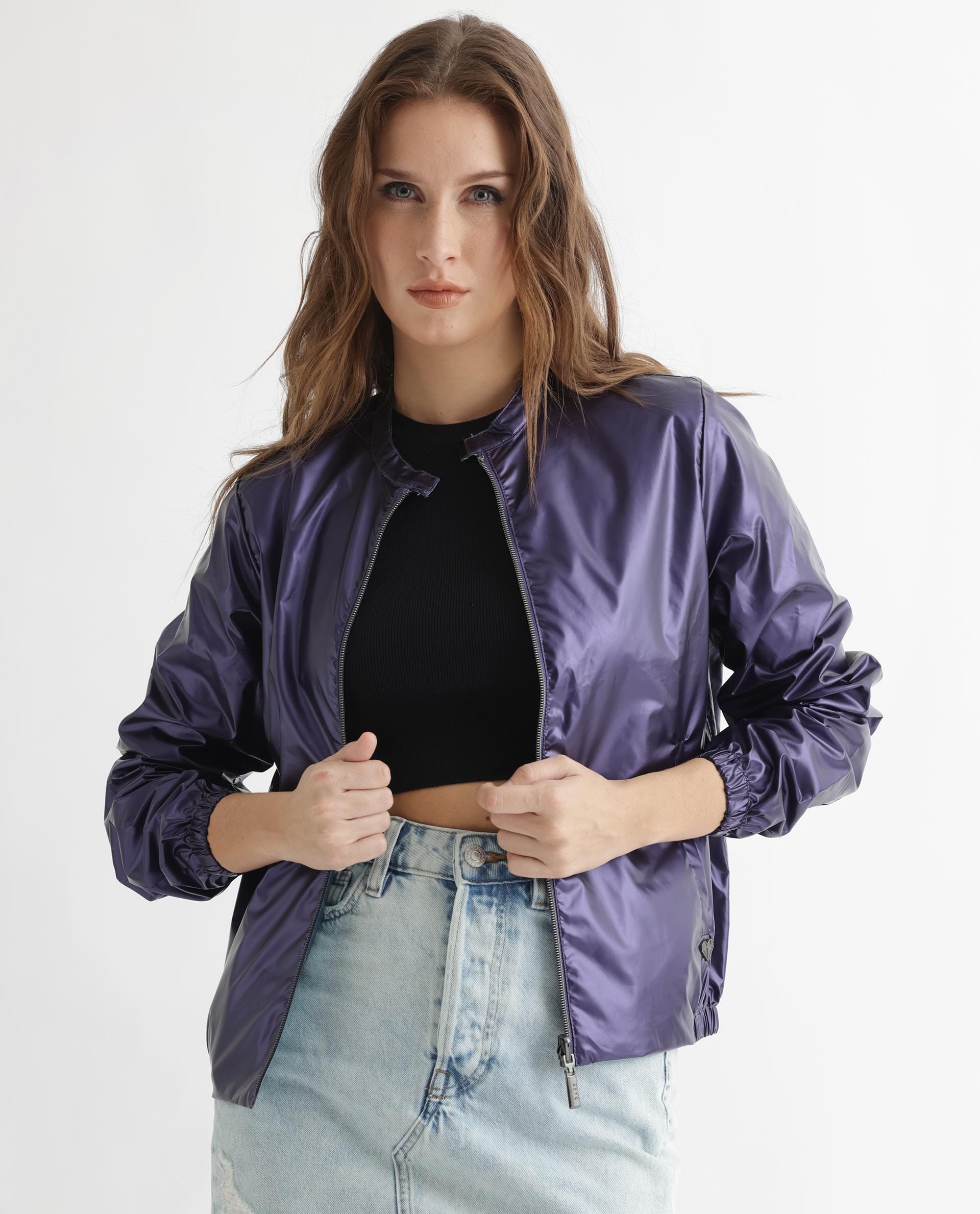 Rareism Women's Charlotte Purple Polyester Mandarin Collar Plain Regular Fit Jacket