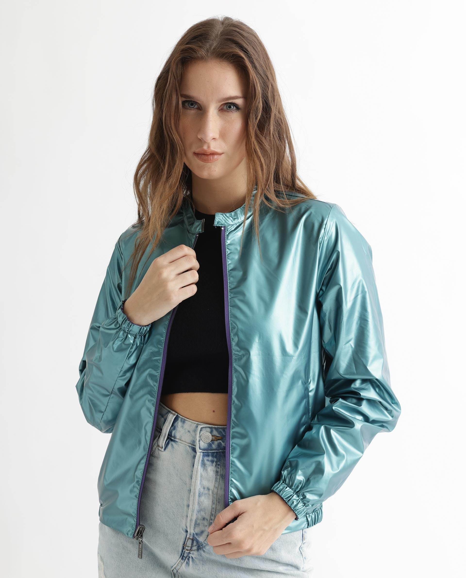 Rareism Women's Charlotte Purple Polyester Mandarin Collar Plain Regular Fit Jacket