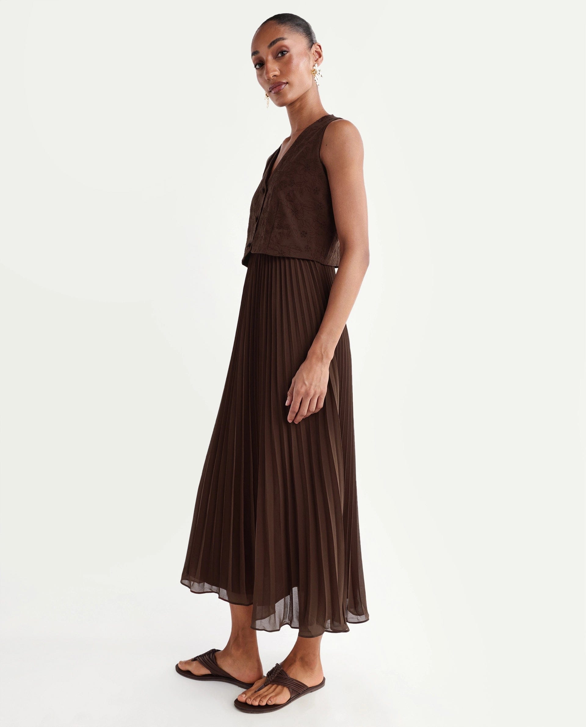 Rareism Women's Rudro Brown Self Design Cotton Blend Flared Sleeveless Dress