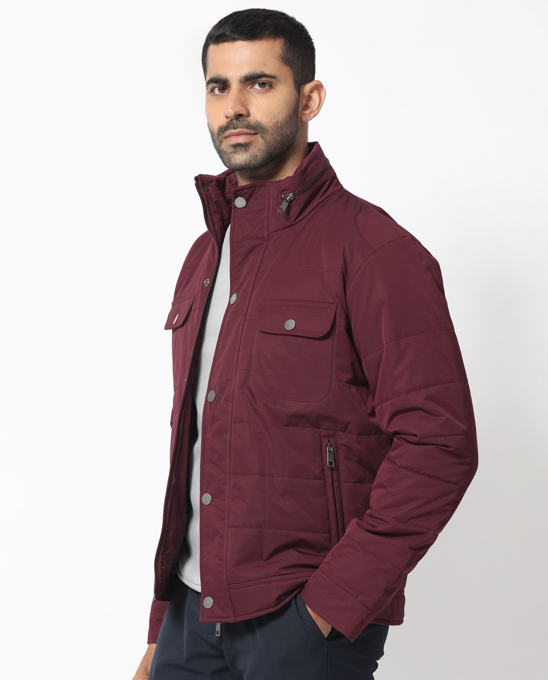 RARE Rabbit Men's Ambr Dark Maroon Polyester Plain Tailored Fit Full Sleeve Mandarin Collar Jacket