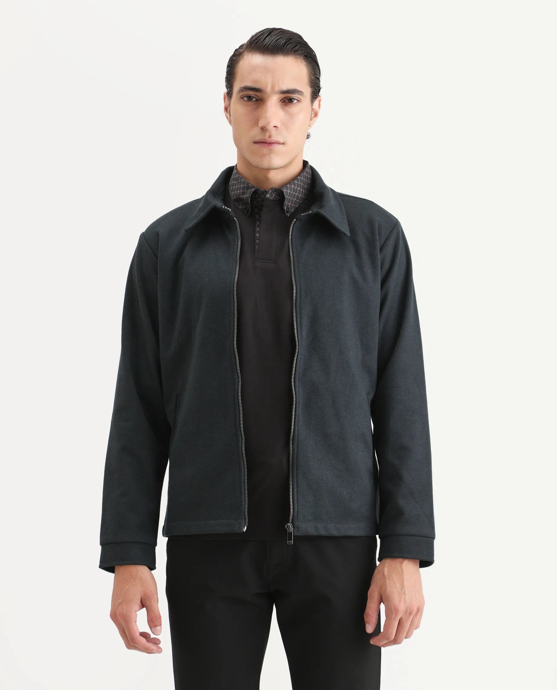 RARE Rabbit Men's Diaz Dark Petrol Polyester Plain Tailored Fit Full Sleeve Spread Collar Jacket