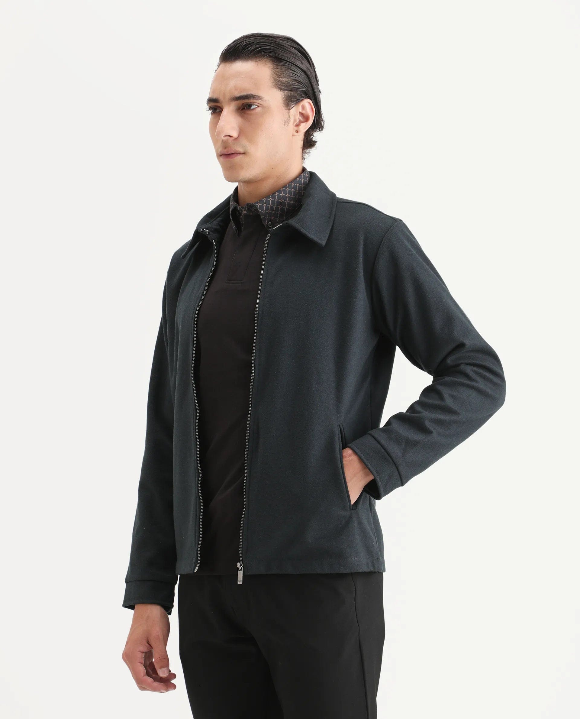 RARE Rabbit Men's Diaz Dark Petrol Polyester Plain Tailored Fit Full Sleeve Spread Collar Jacket