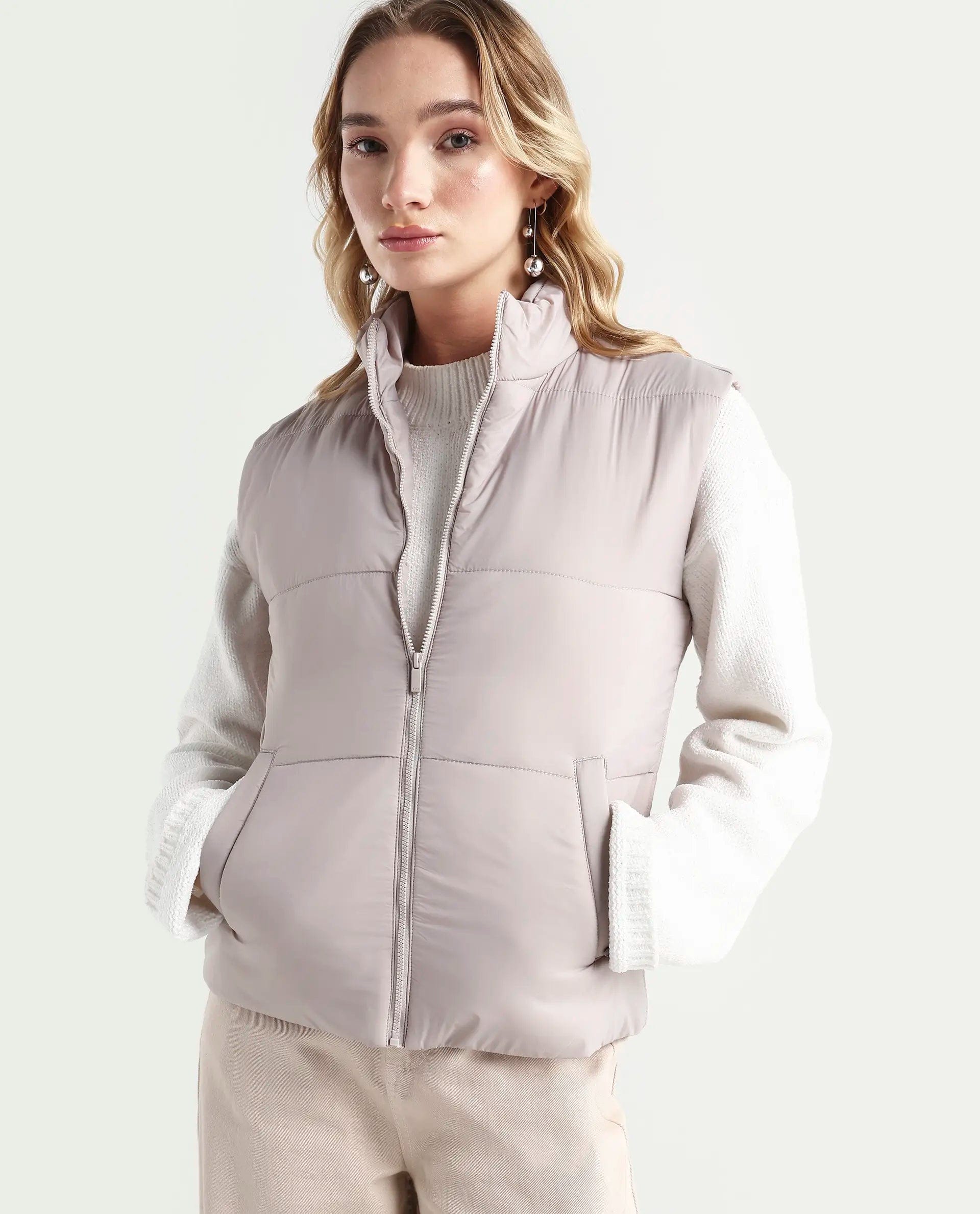 Rareism Women's Glasha Sl Silver Polyester High Neck Plain Sleeveless Regular Fit Jacket