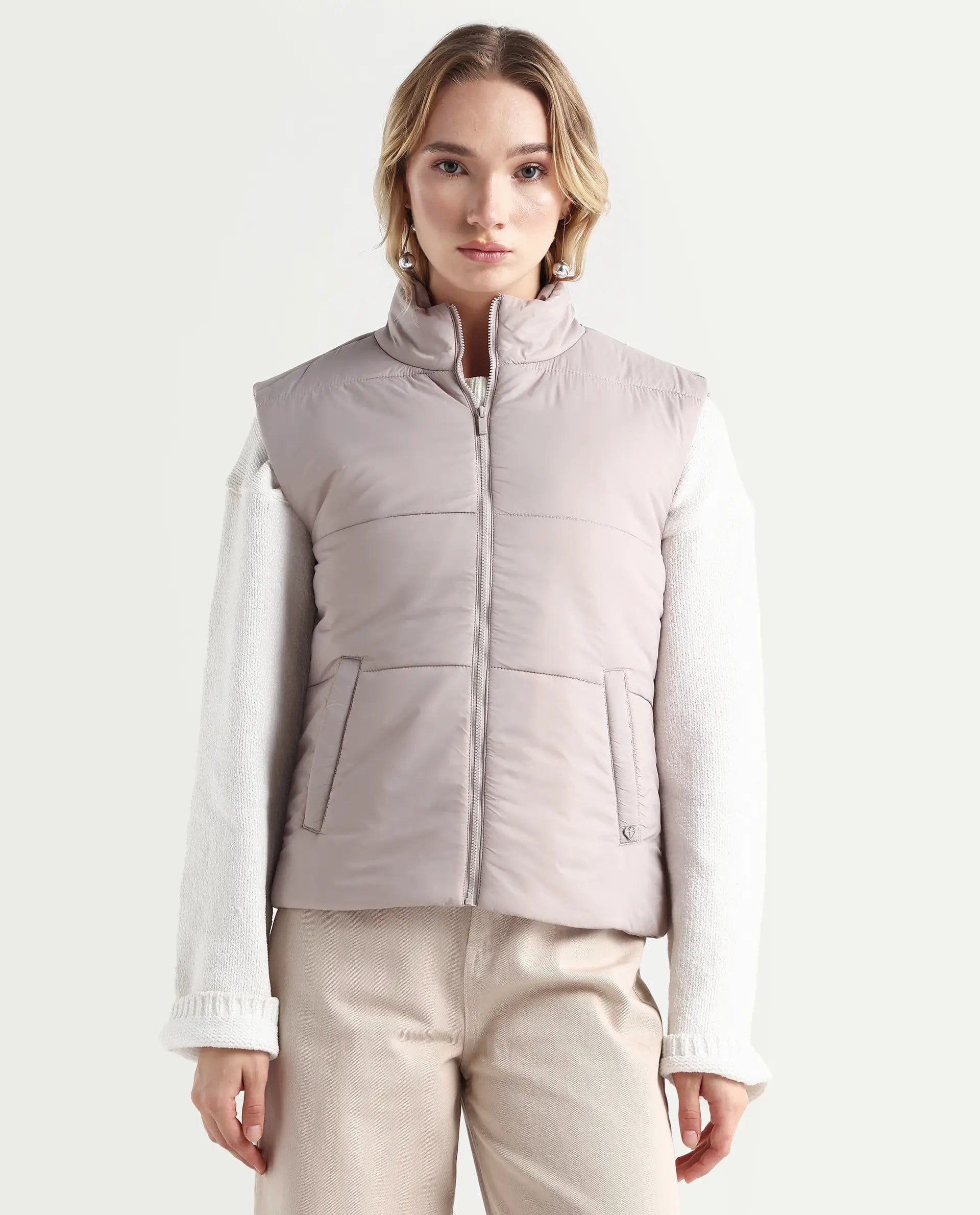Rareism Women's Glasha Sl Silver Polyester High Neck Plain Sleeveless Regular Fit Jacket