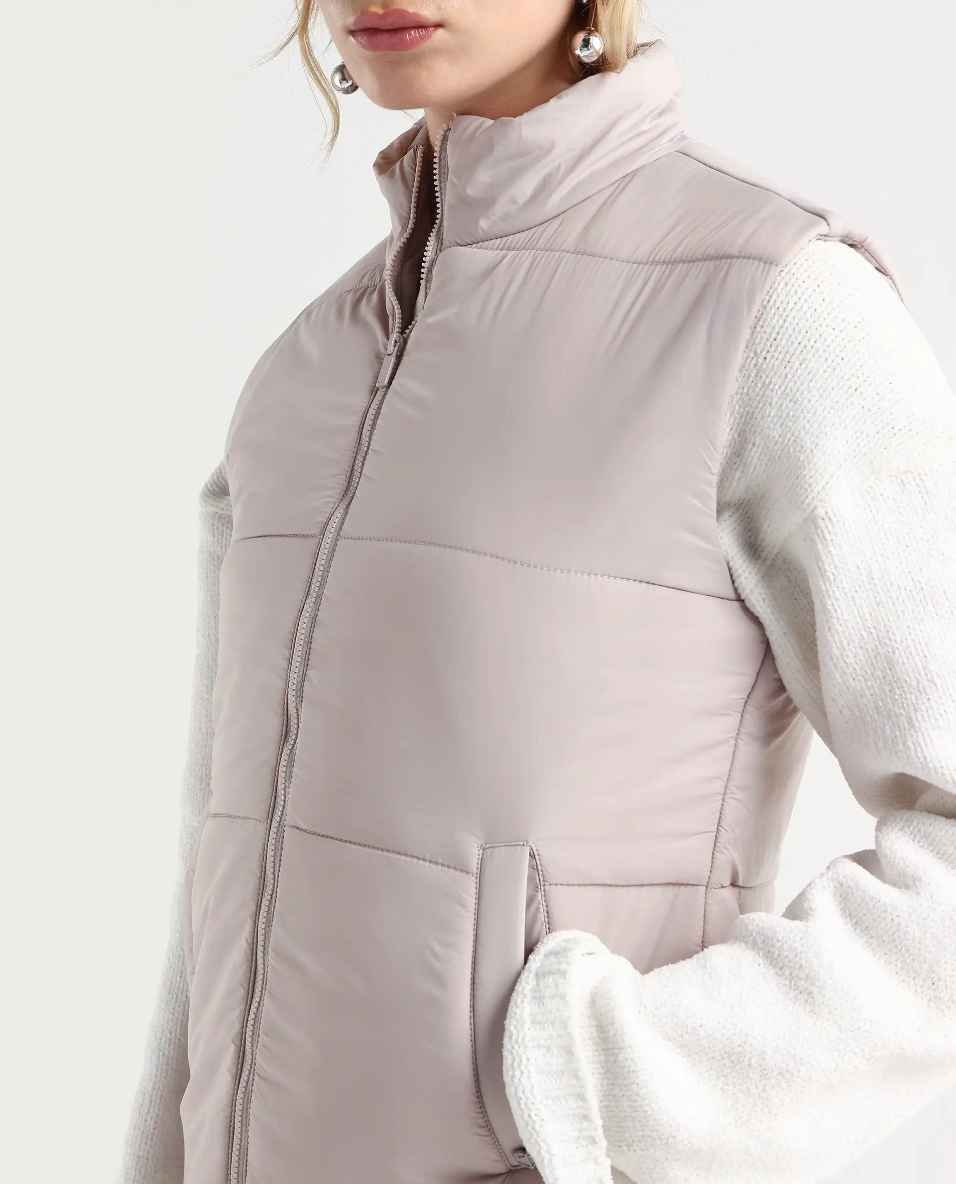 Rareism Women's Glasha Sl Silver Polyester High Neck Plain Sleeveless Regular Fit Jacket