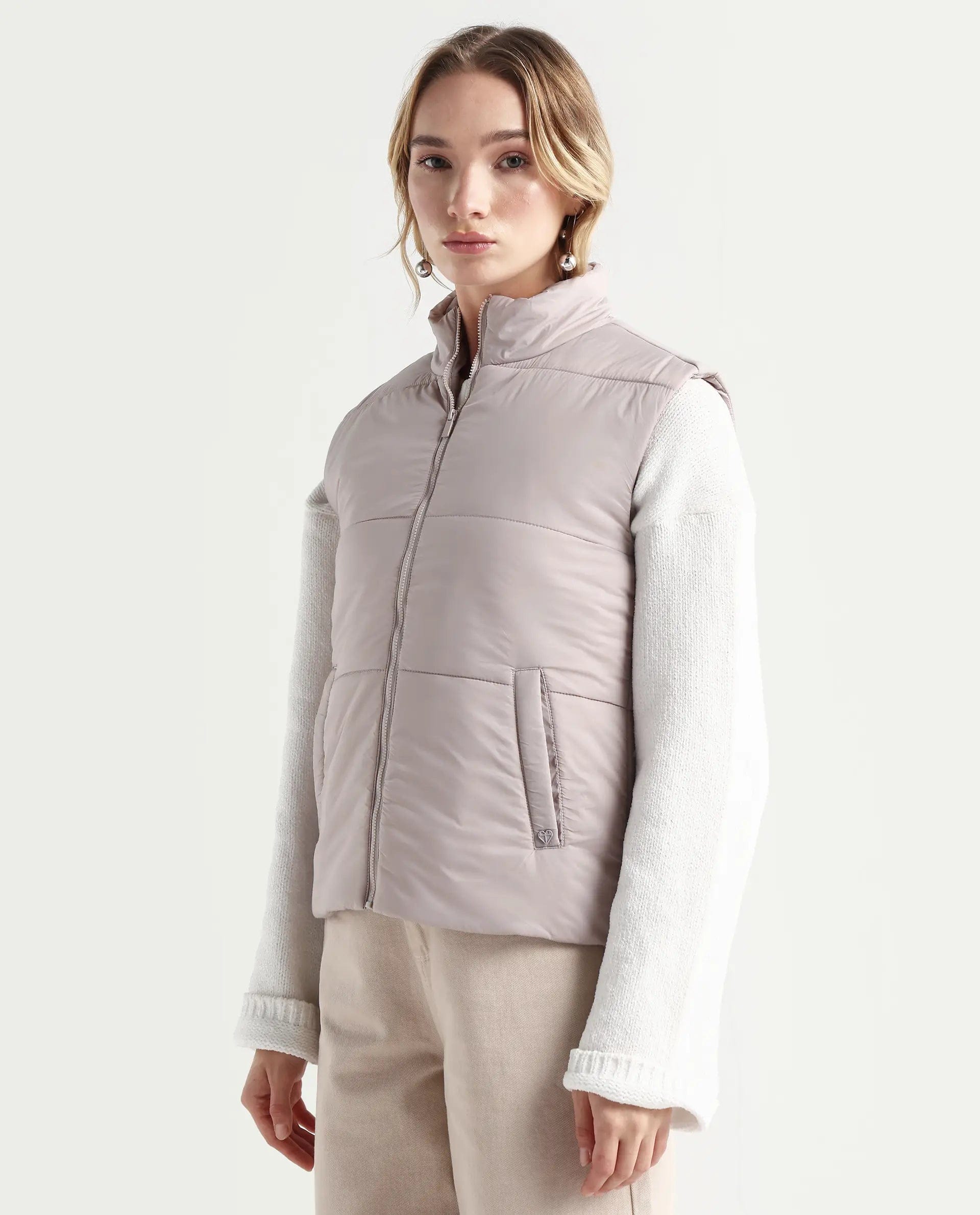 Rareism Women's Glasha Sl Silver Polyester High Neck Plain Sleeveless Regular Fit Jacket