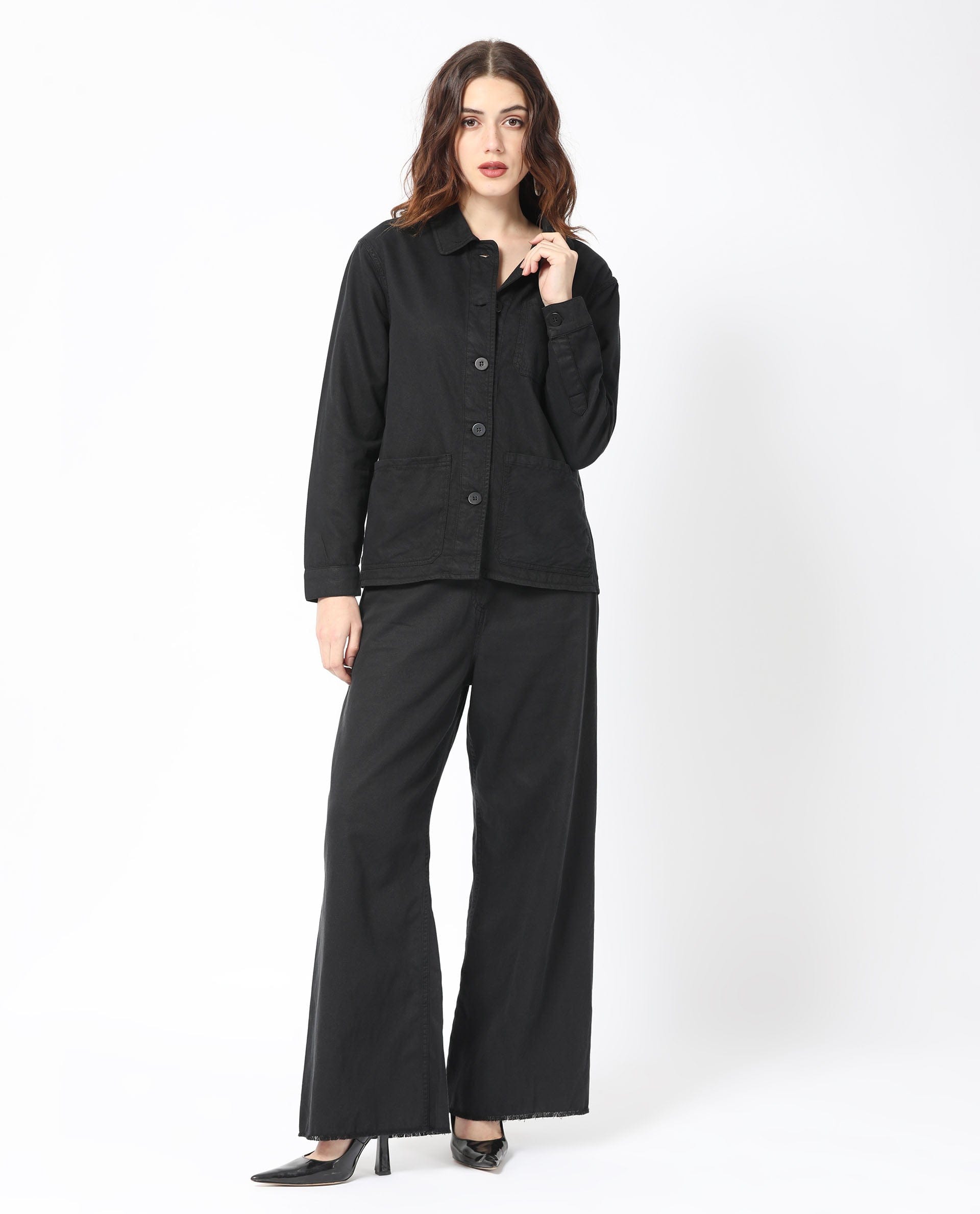 Rareism Women's Genesis Black Tencel Spread Collar Plain Regular Fit Jacket