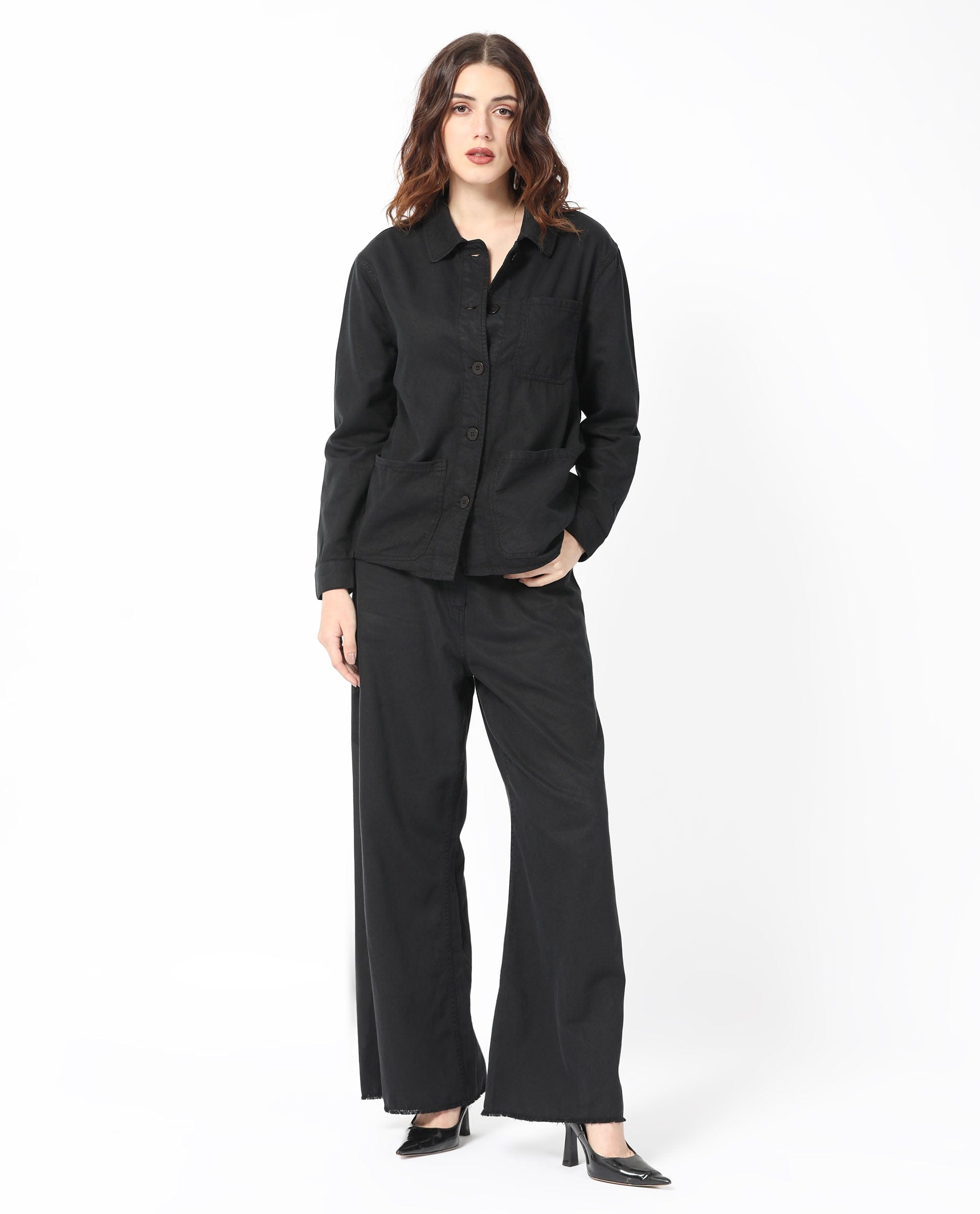 Rareism Women's Genesis Black Tencel Spread Collar Plain Regular Fit Jacket