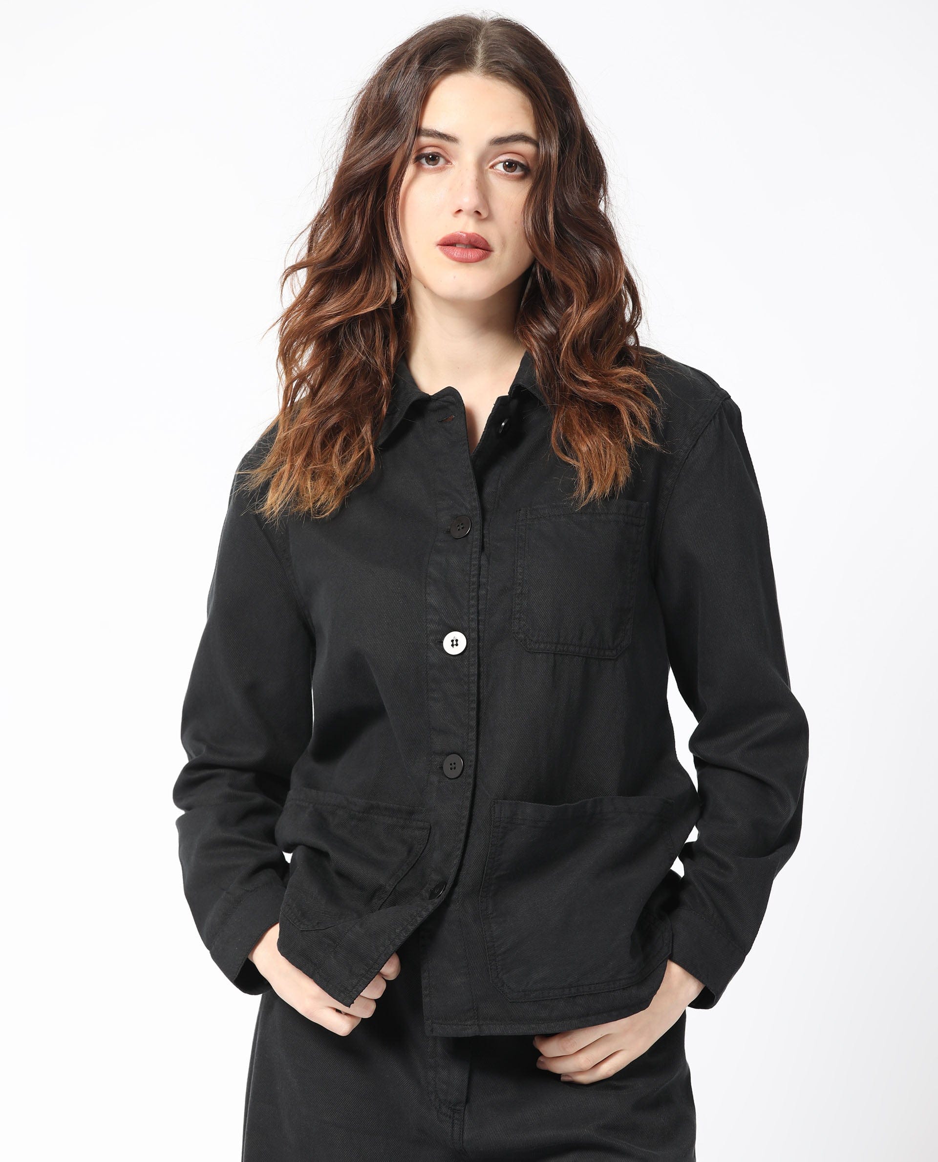 Rareism Women's Genesis Black Tencel Spread Collar Plain Regular Fit Jacket