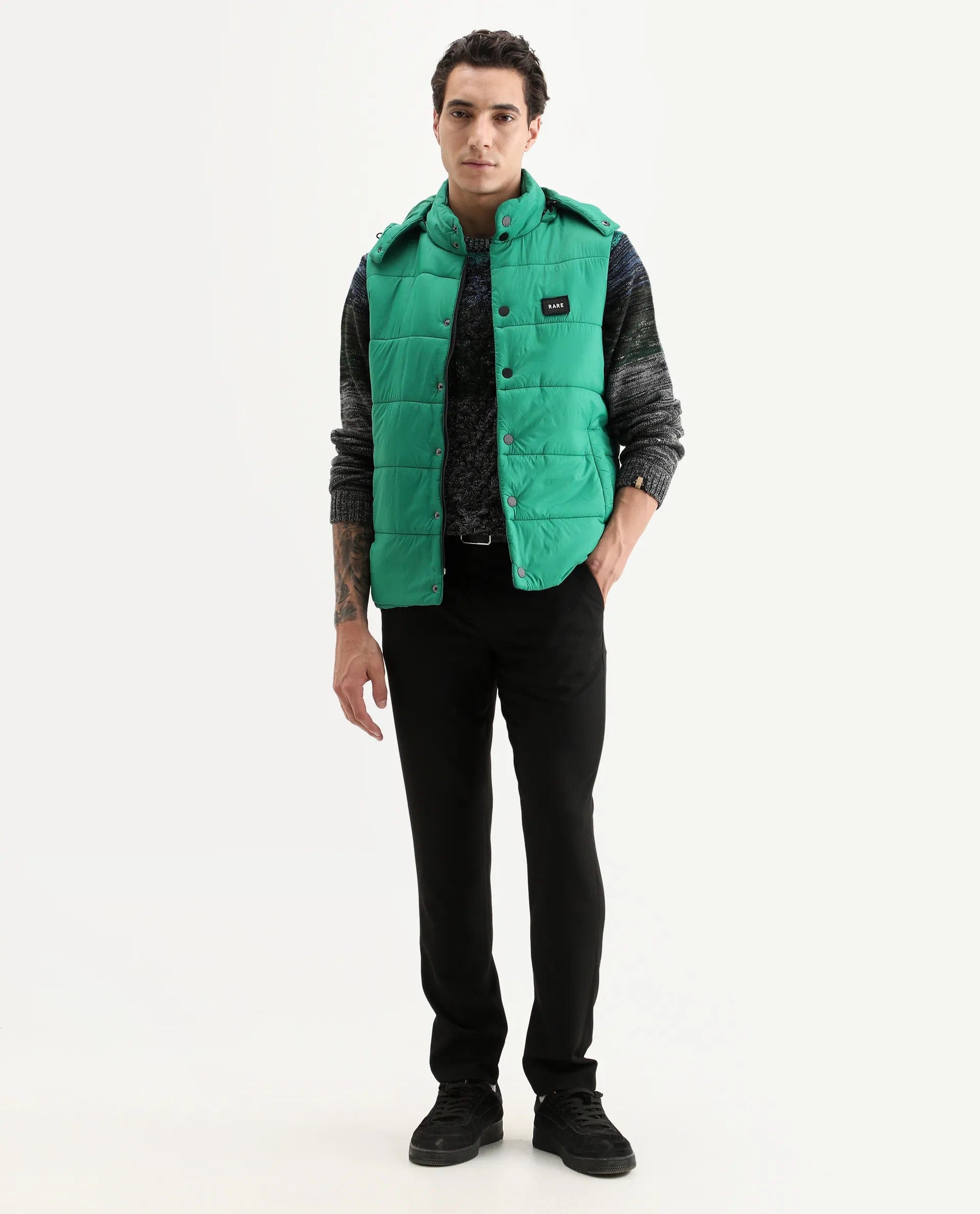 RARE Rabbit Men's Depot Green Nylon Plain Slim Fit Sleeveless Hooded Jacket