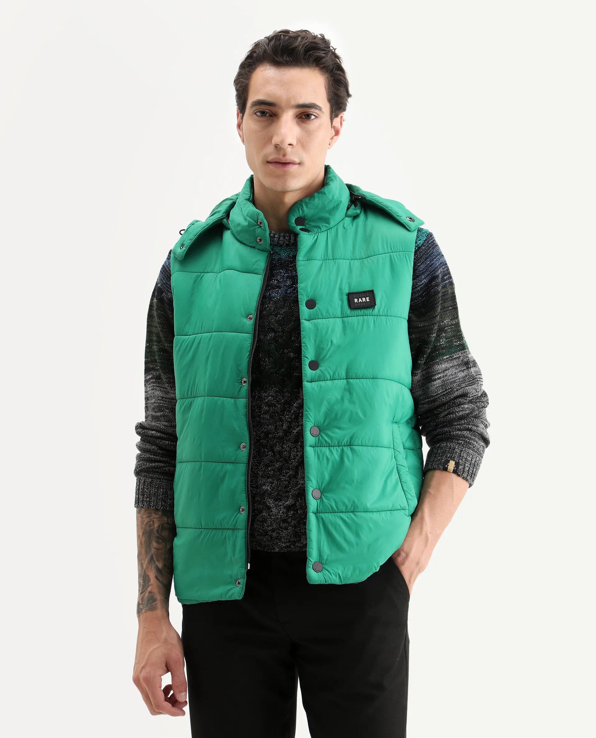 RARE Rabbit Men's Depot Green Nylon Plain Slim Fit Sleeveless Hooded Jacket