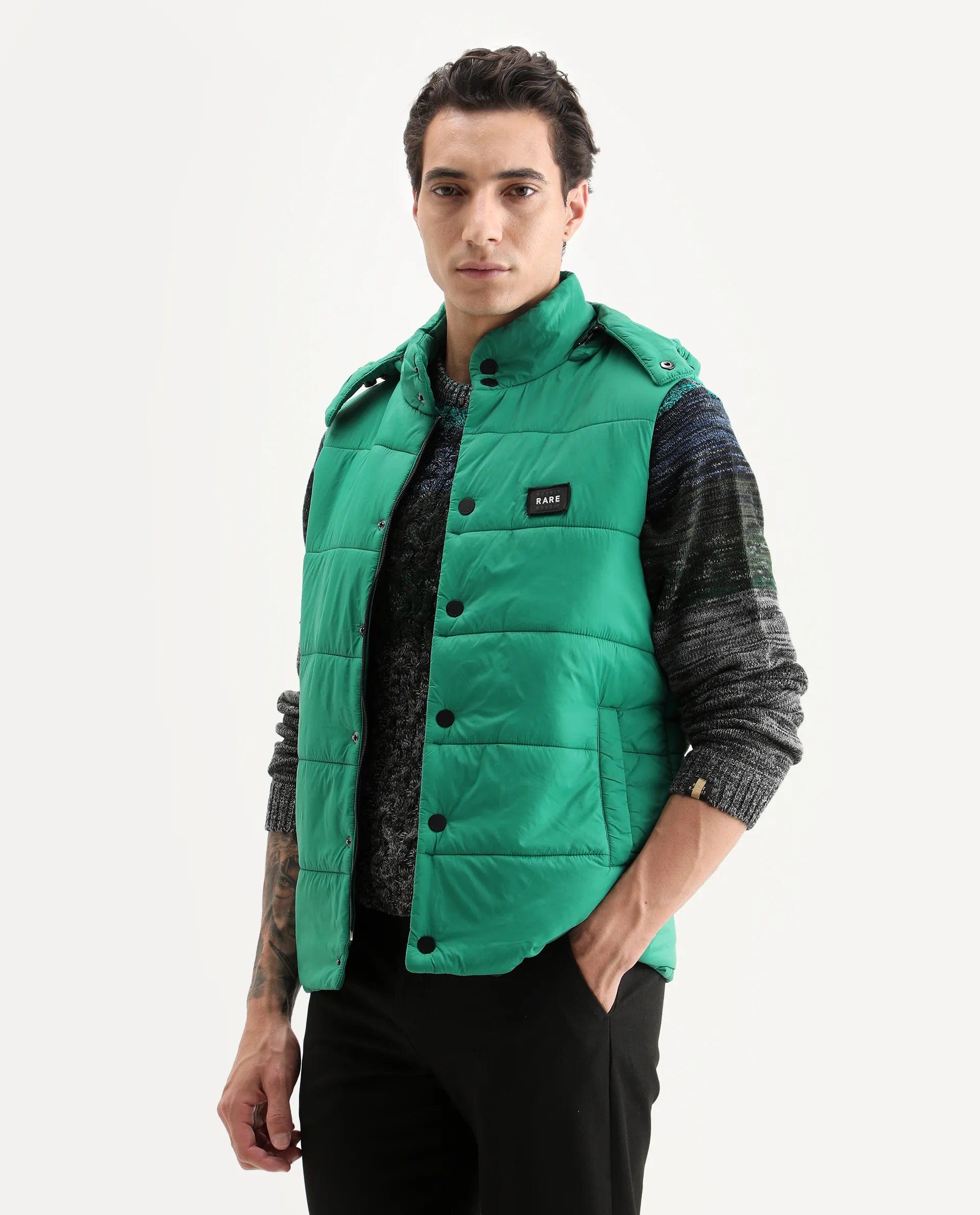 RARE Rabbit Men's Depot Green Nylon Plain Slim Fit Sleeveless Hooded Jacket