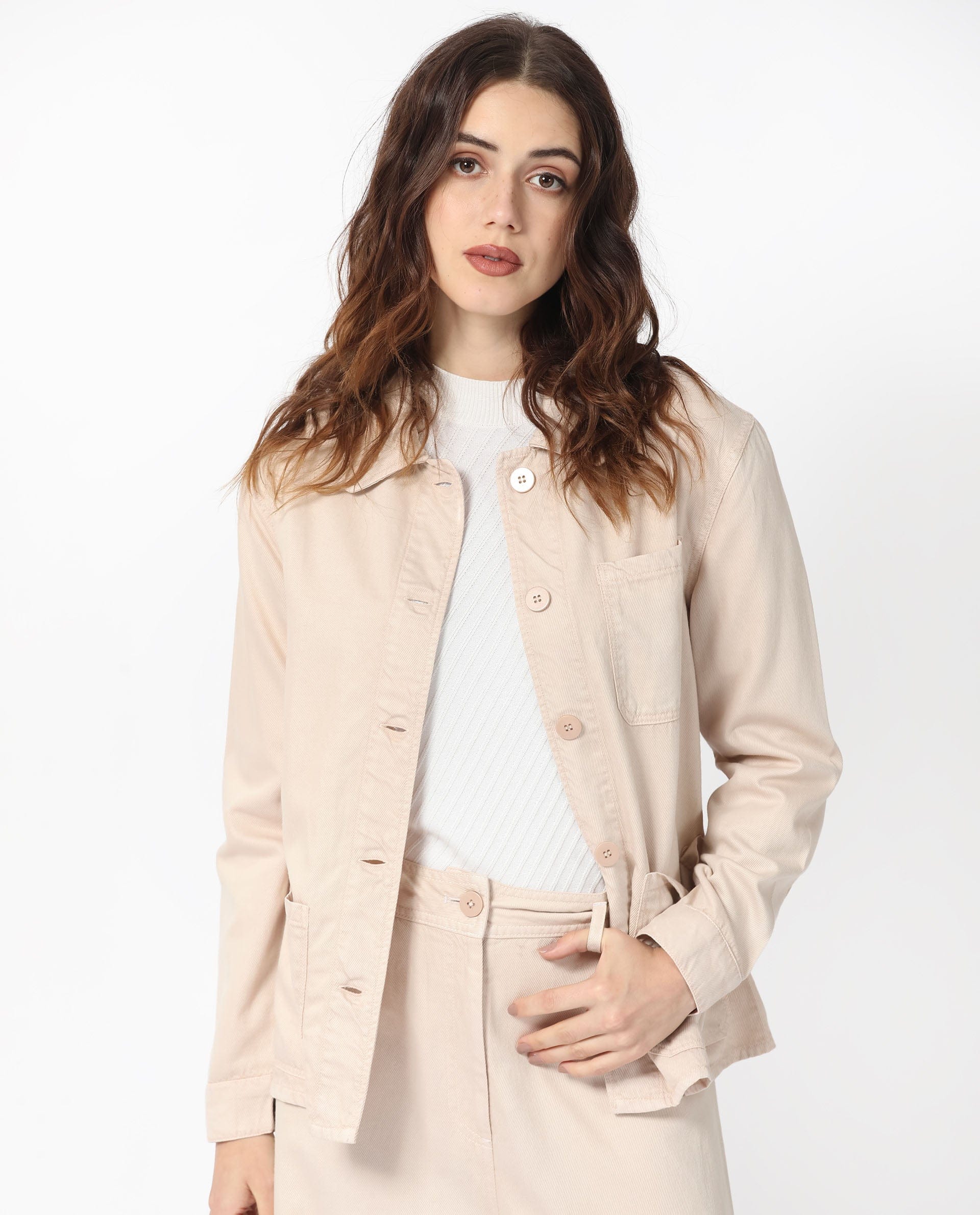 Rareism Women's Genesis Beige Tencel Spread Collar Plain Regular Fit Jacket