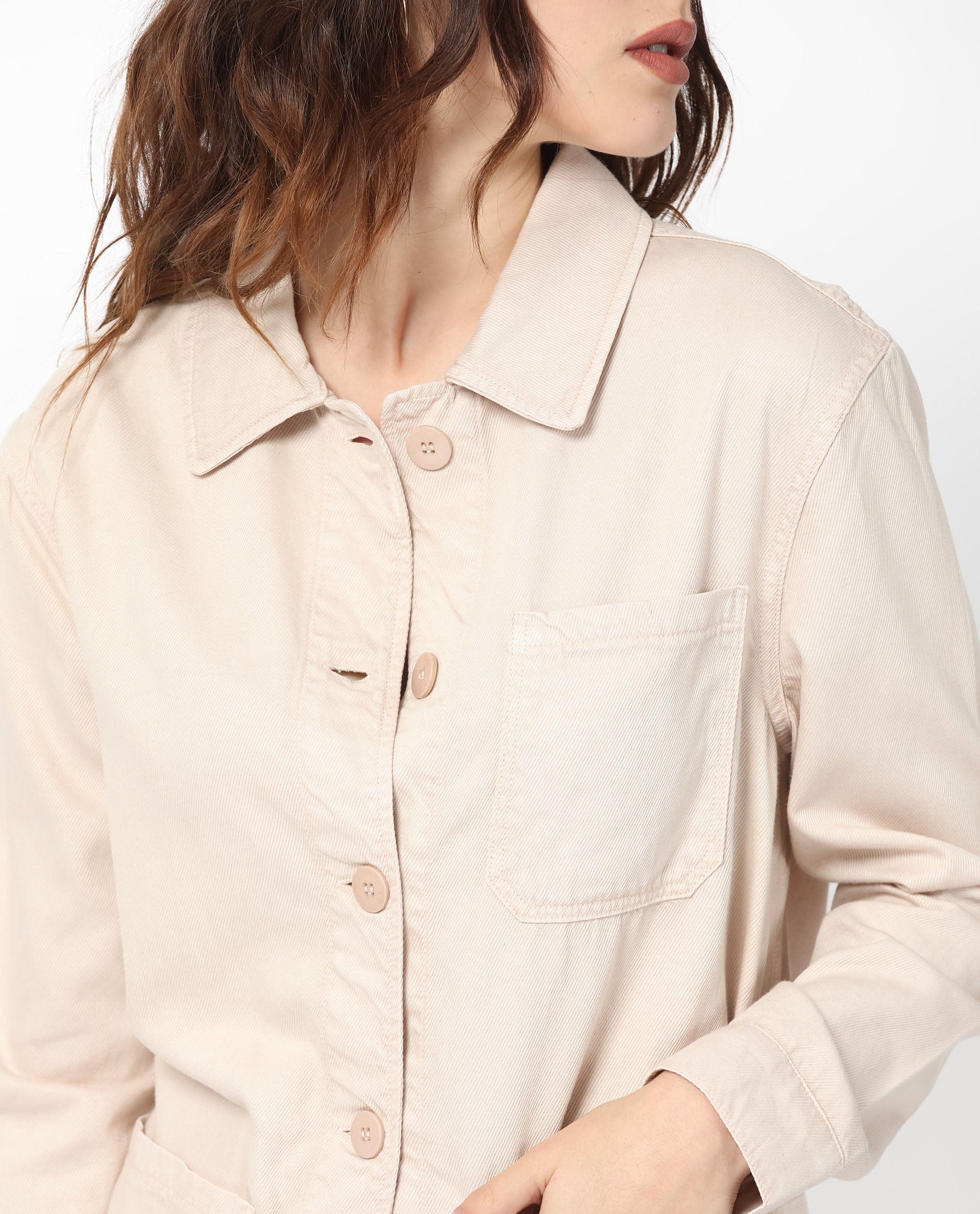 Rareism Women's Genesis Beige Tencel Spread Collar Plain Regular Fit Jacket