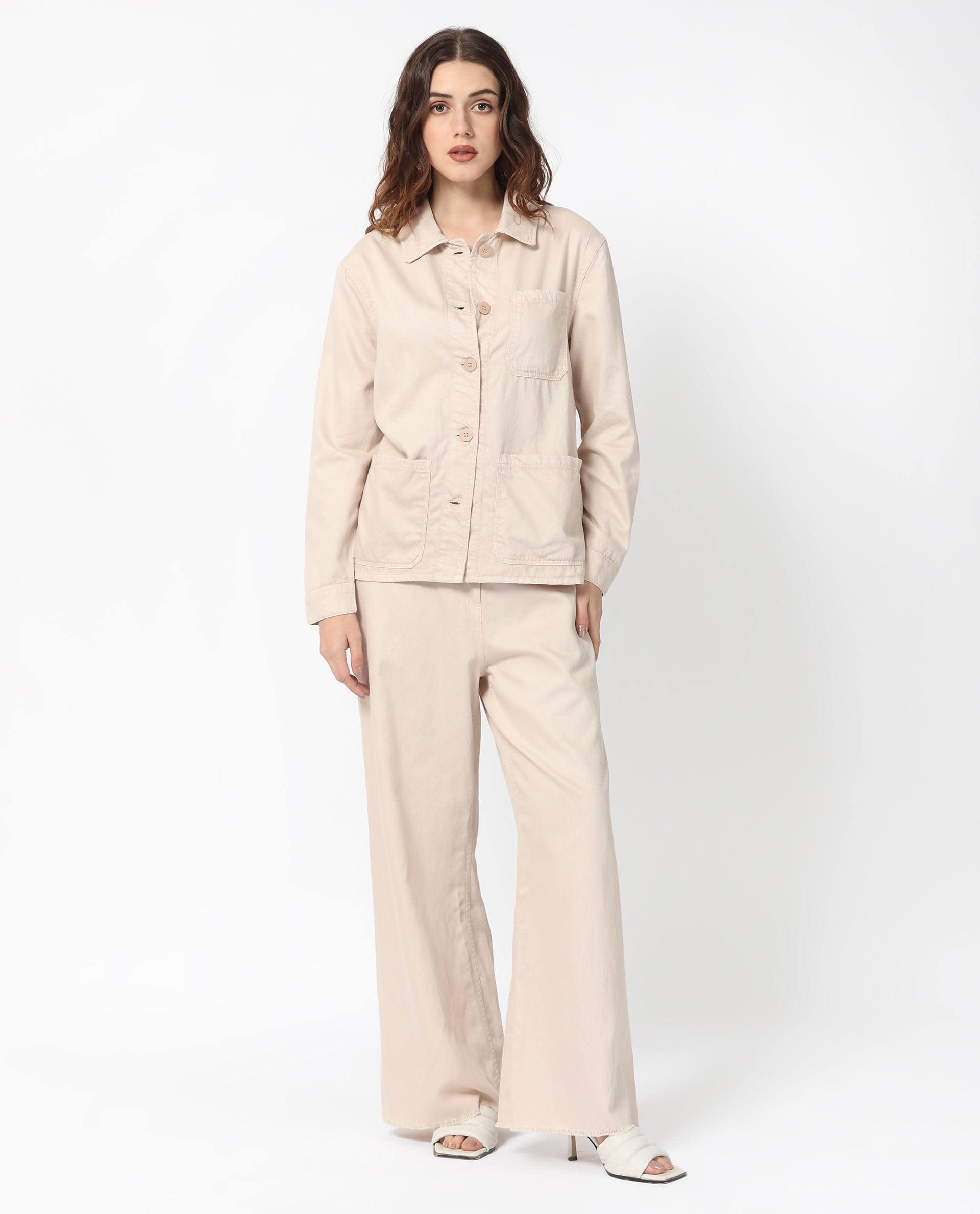 Rareism Women's Genesis Beige Tencel Spread Collar Plain Regular Fit Jacket