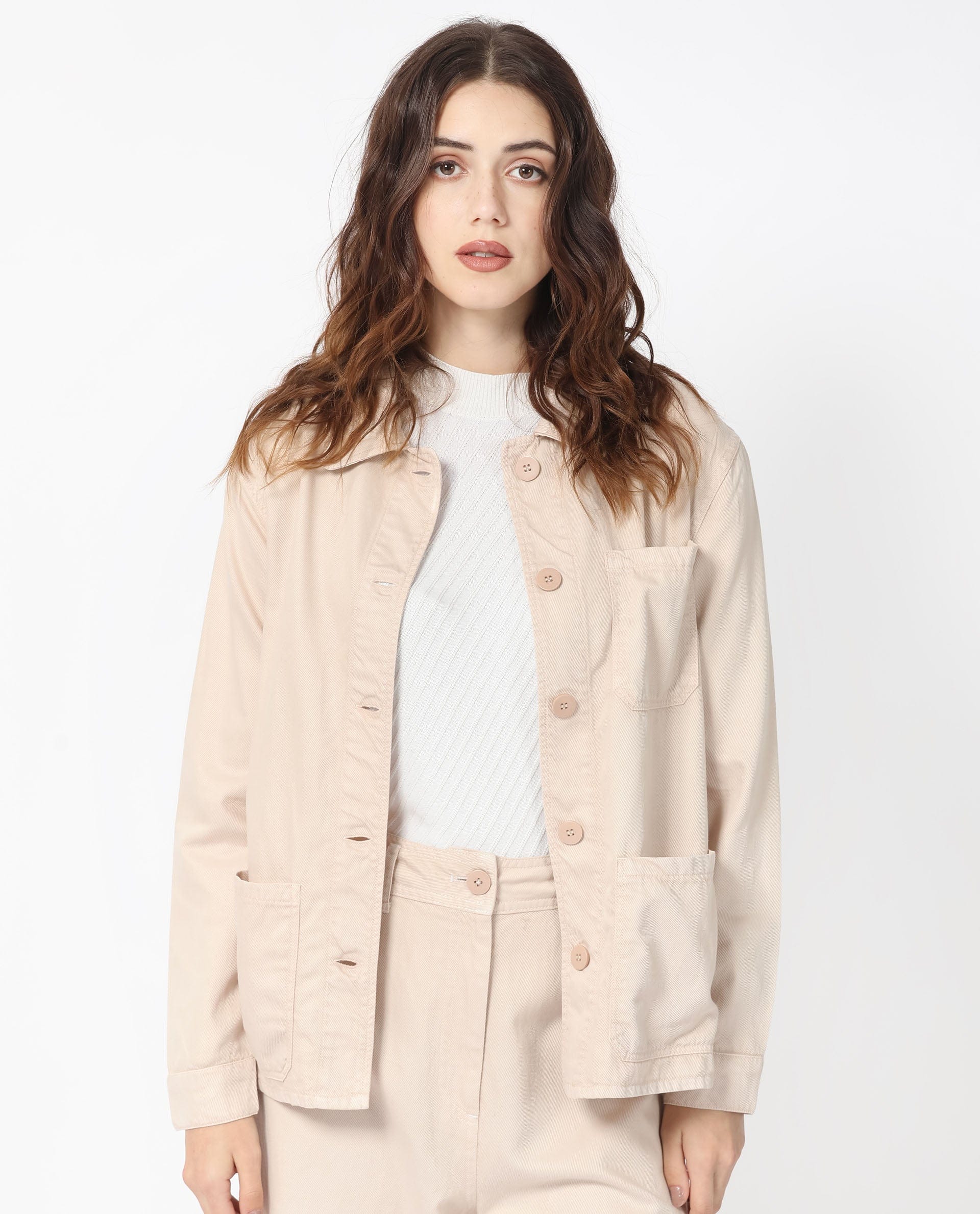 Rareism Women's Genesis Beige Tencel Spread Collar Plain Regular Fit Jacket