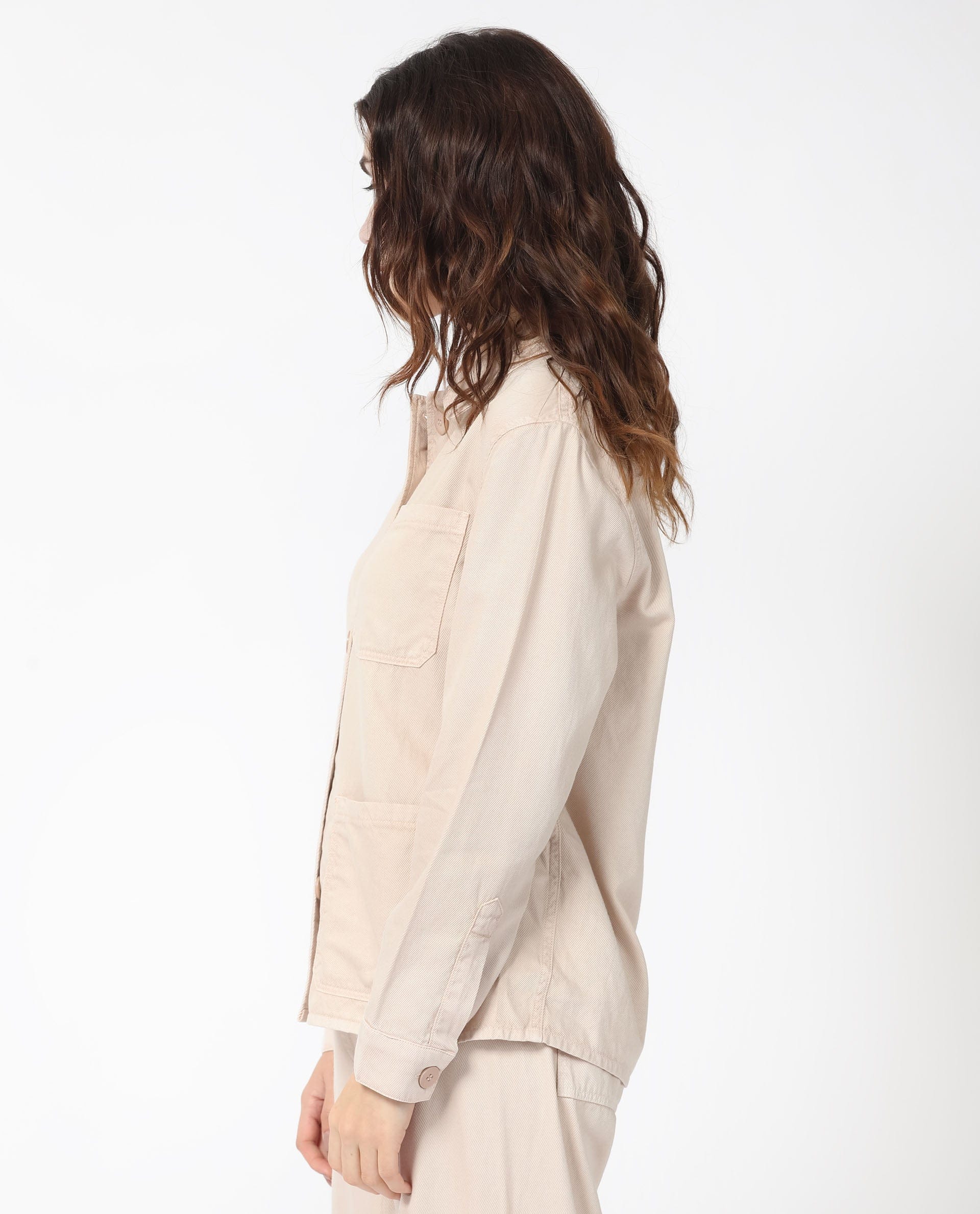 Rareism Women's Genesis Beige Tencel Spread Collar Plain Regular Fit Jacket