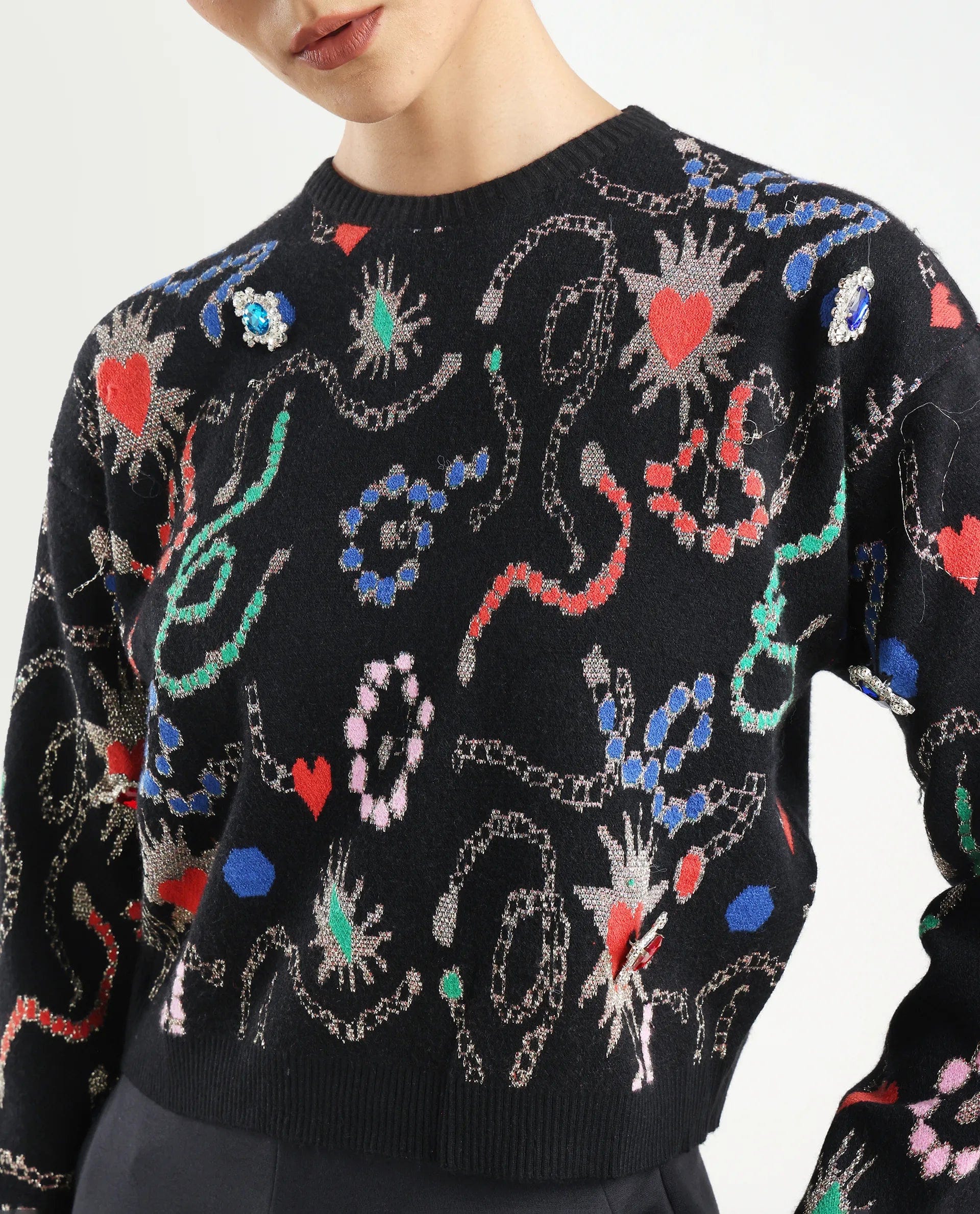 Rareism Women's Adana Black Viscose Crew Neck Abstract Print Regular Fit Sweater