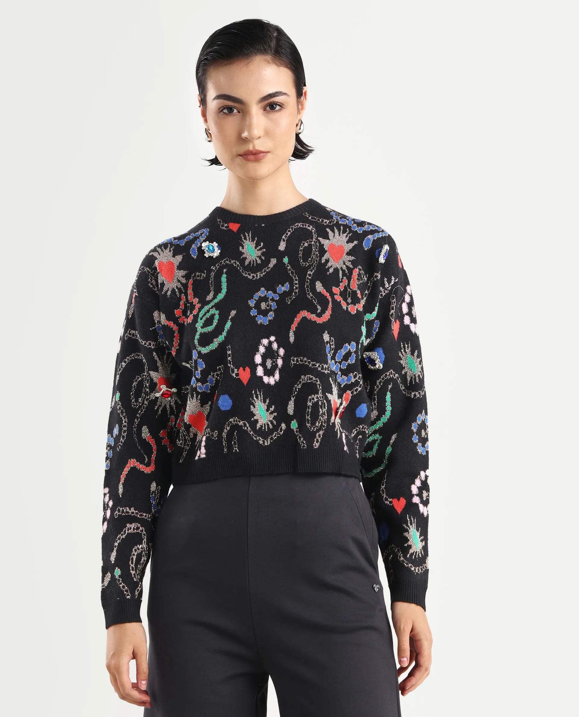 Rareism Women's Adana Black Viscose Crew Neck Abstract Print Regular Fit Sweater