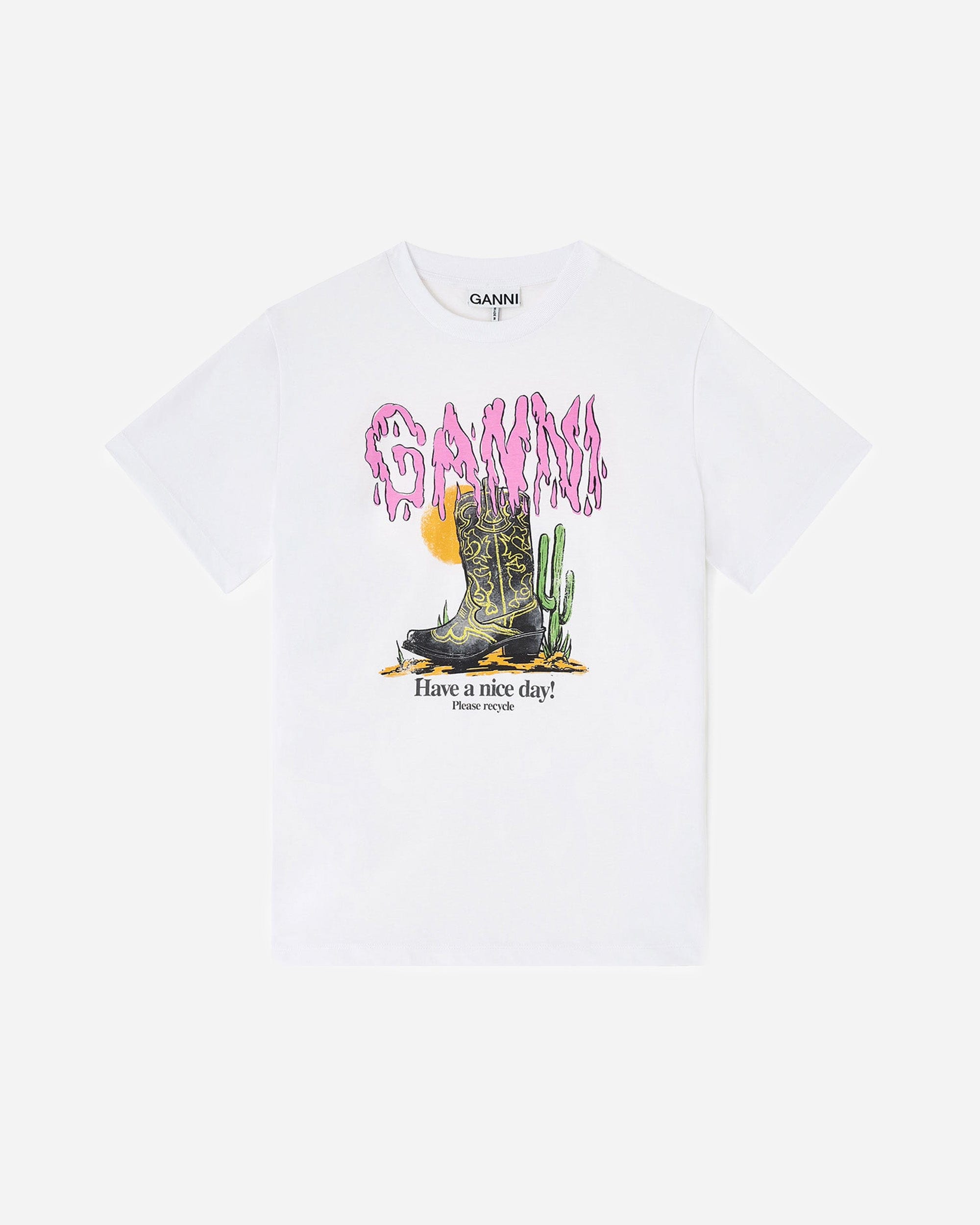 GANNI A/S Basic Cotton Jersey T - shirt Boots Print