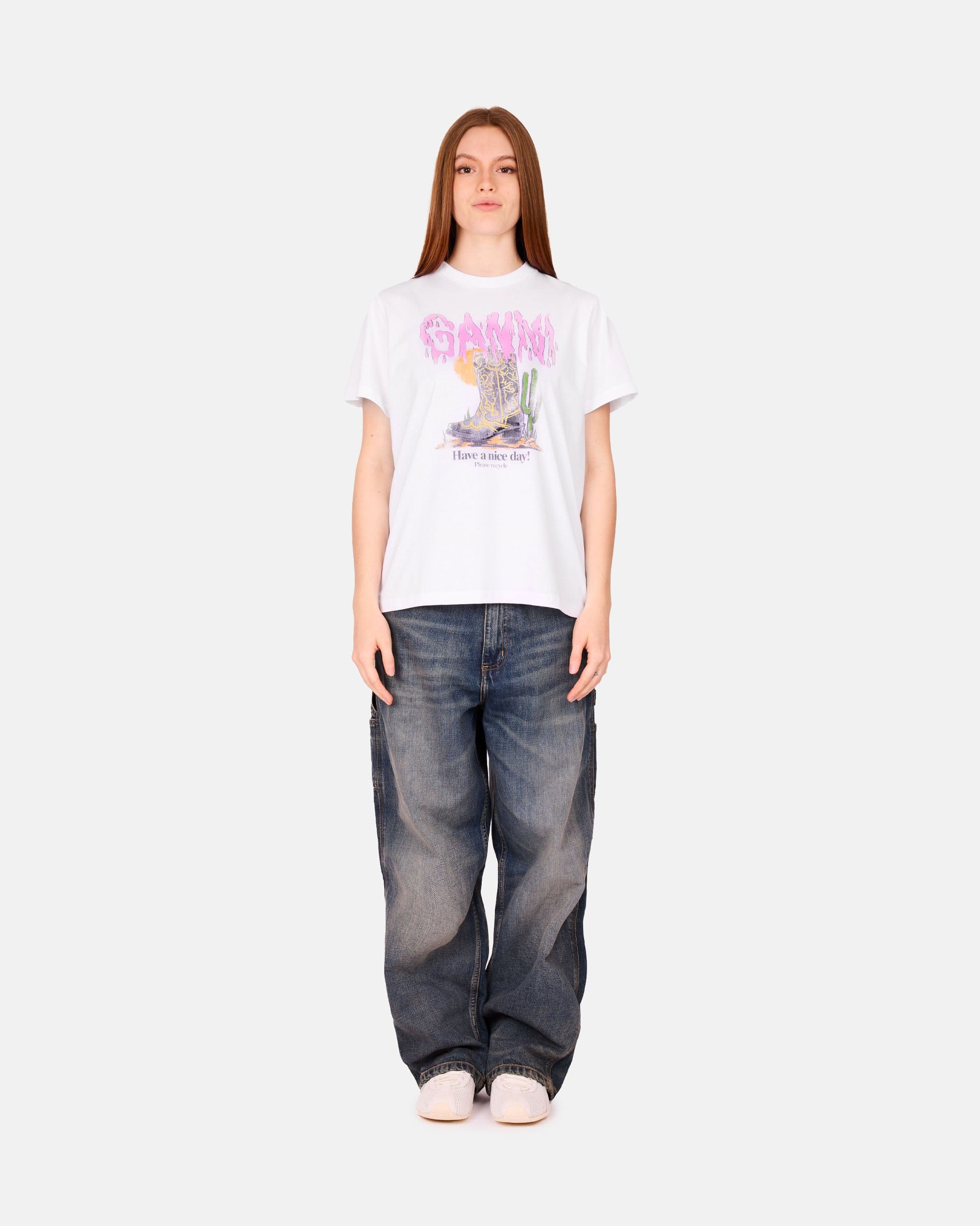GANNI A/S Basic Cotton Jersey T - shirt Boots Print