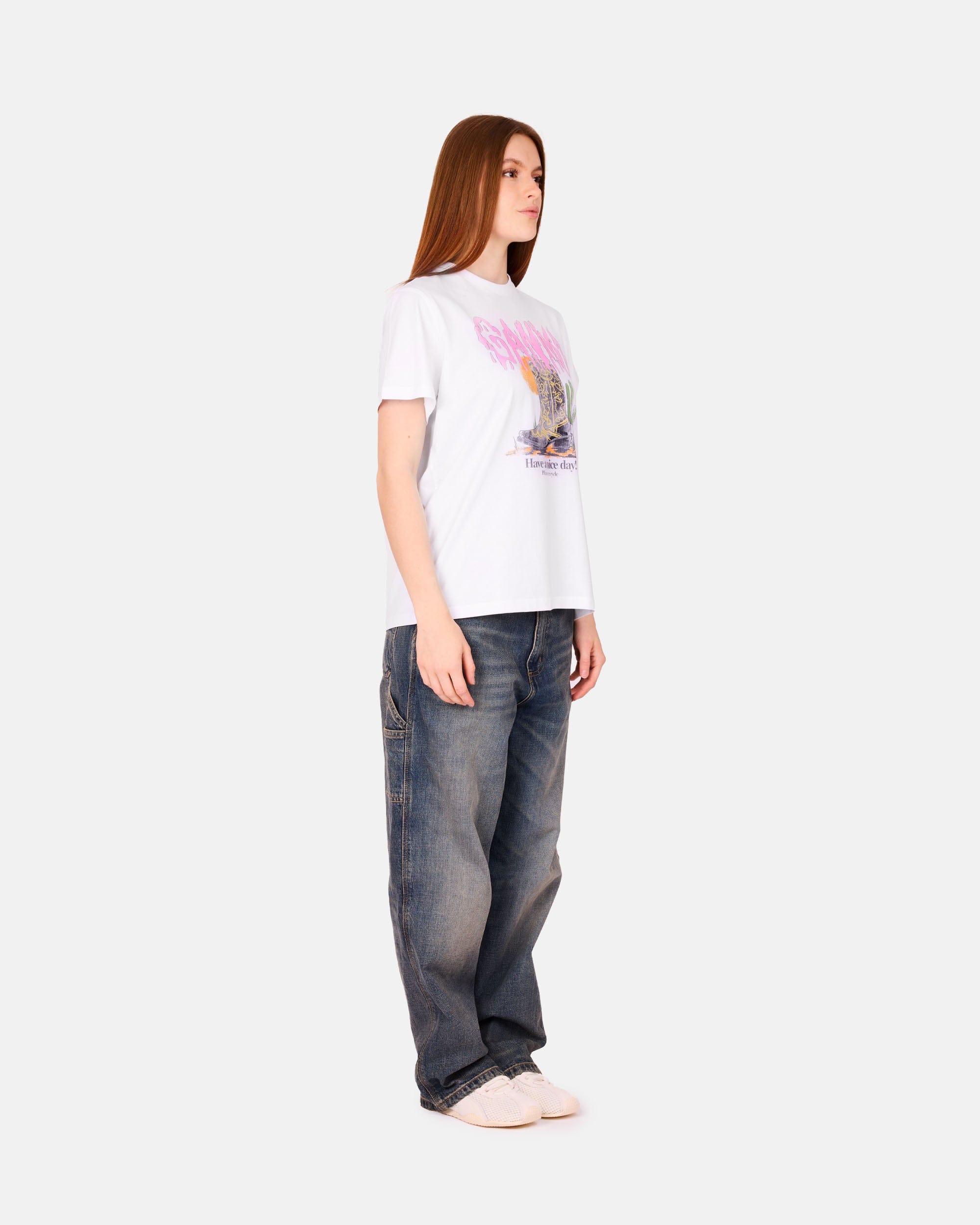 GANNI A/S Basic Cotton Jersey T - shirt Boots Print