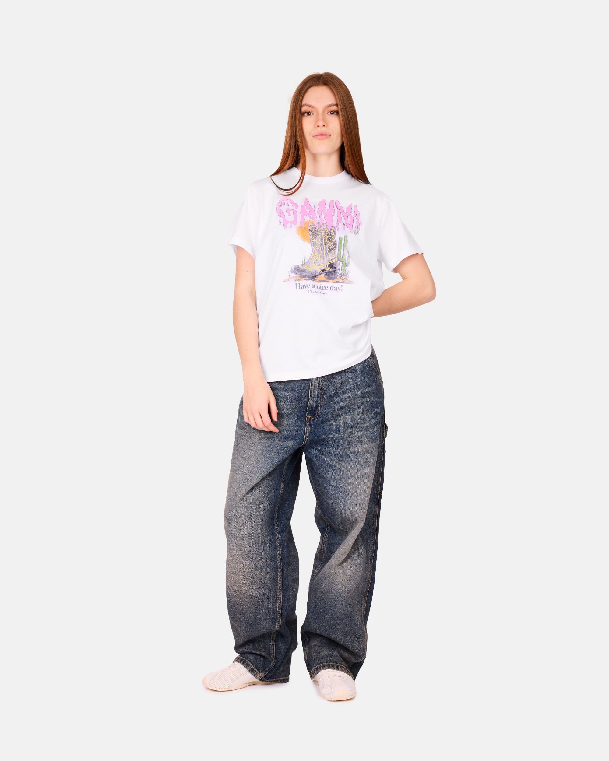 GANNI A/S Basic Cotton Jersey T - shirt Boots Print