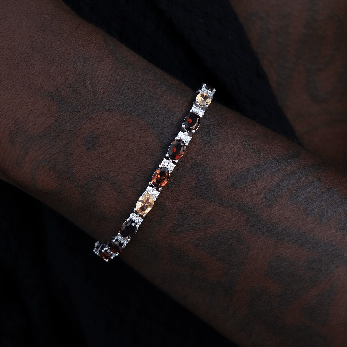 GLD Men Multicolor Mixed Oval Cut Tennis Tonal Brown Stones Chain + Bracelet Bundle - 5 mm