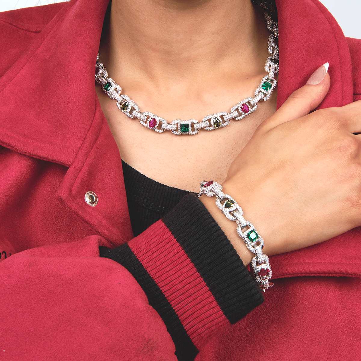 GLD Women Diamond Multicolor Cluster Mariner Necklace + Bracelet Bundle in White Gold