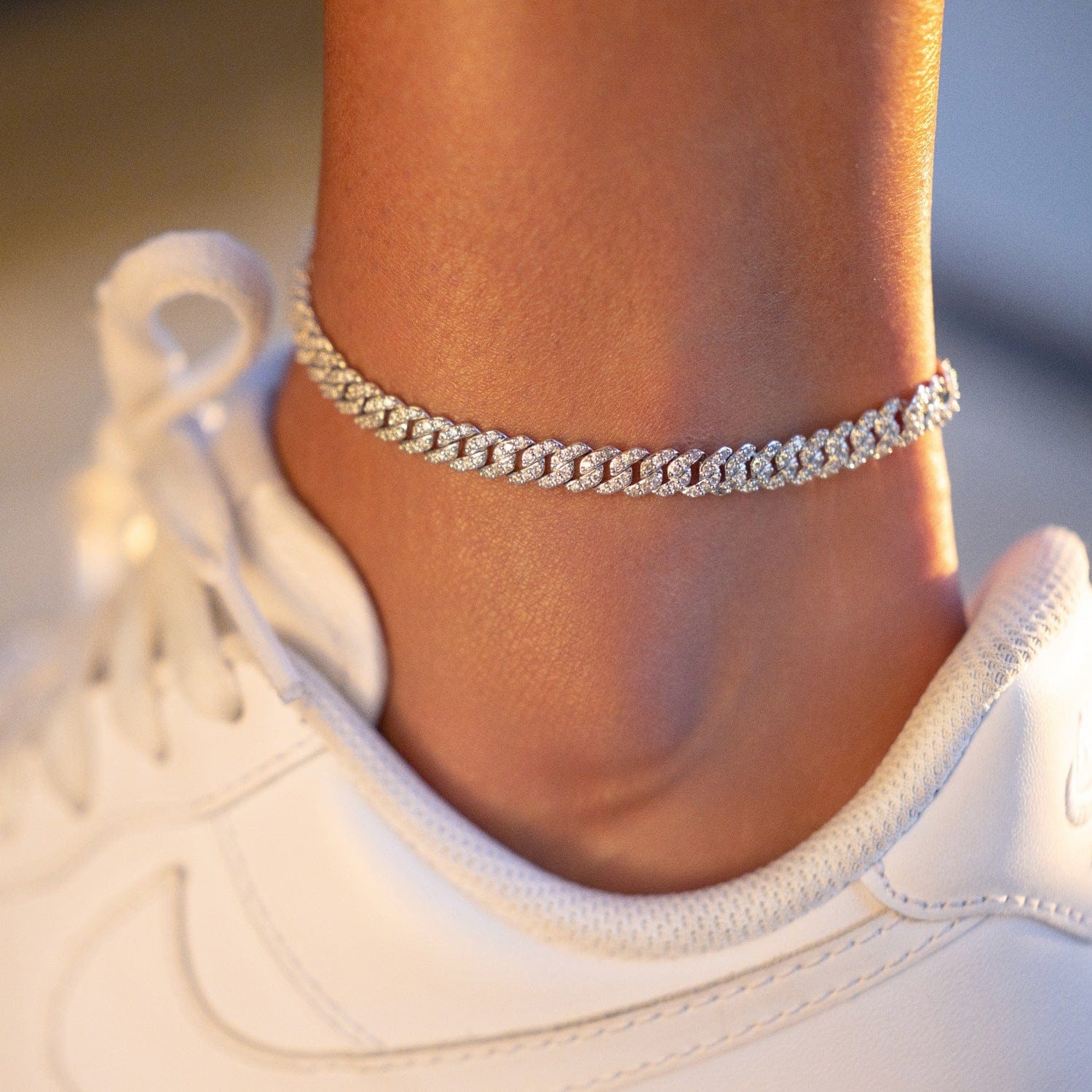 GLD Women Micro Diamond Prong Necklace + Anklet Bundle - White Gold