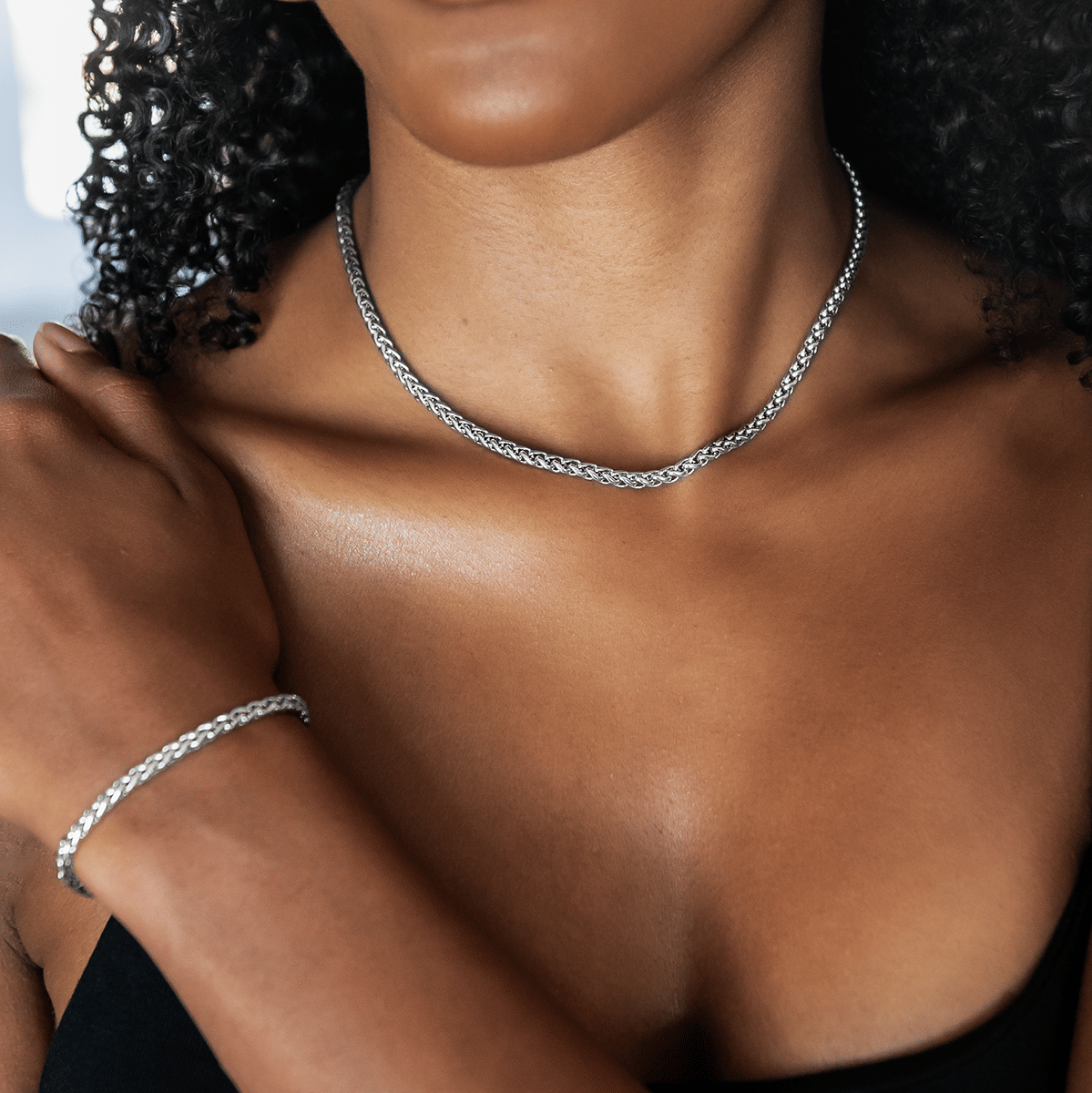 GLD Women Palm Chain Necklace + Bracelet Bundle in White Gold - 4 mm