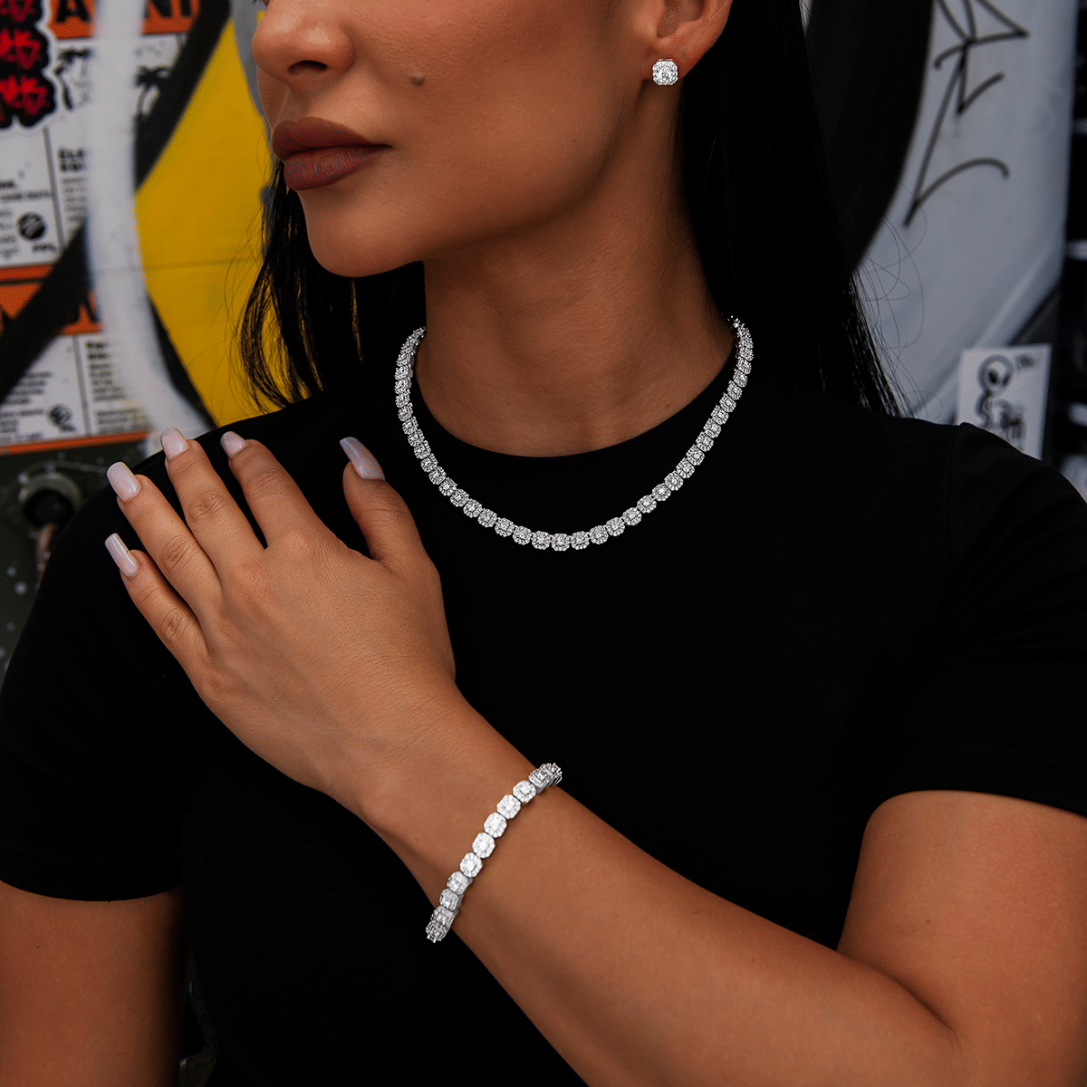 GLD Women Micro Clustered Tennis Necklace + Bracelet + Earring Bundle in White Gold