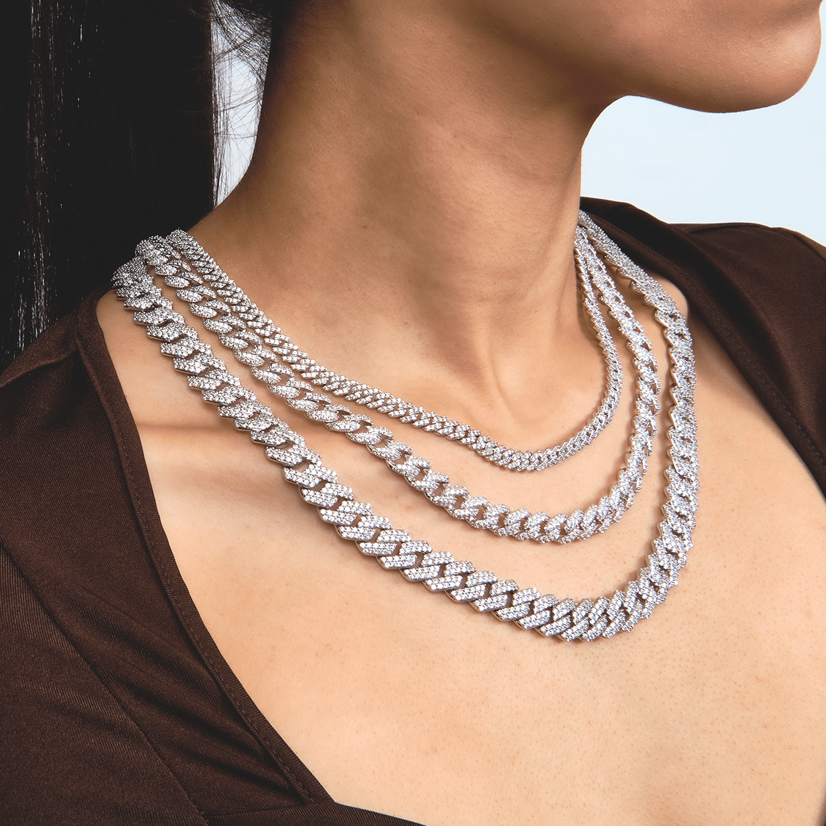 GLD Women Diamond Cuban Necklaces Bundle in White Gold