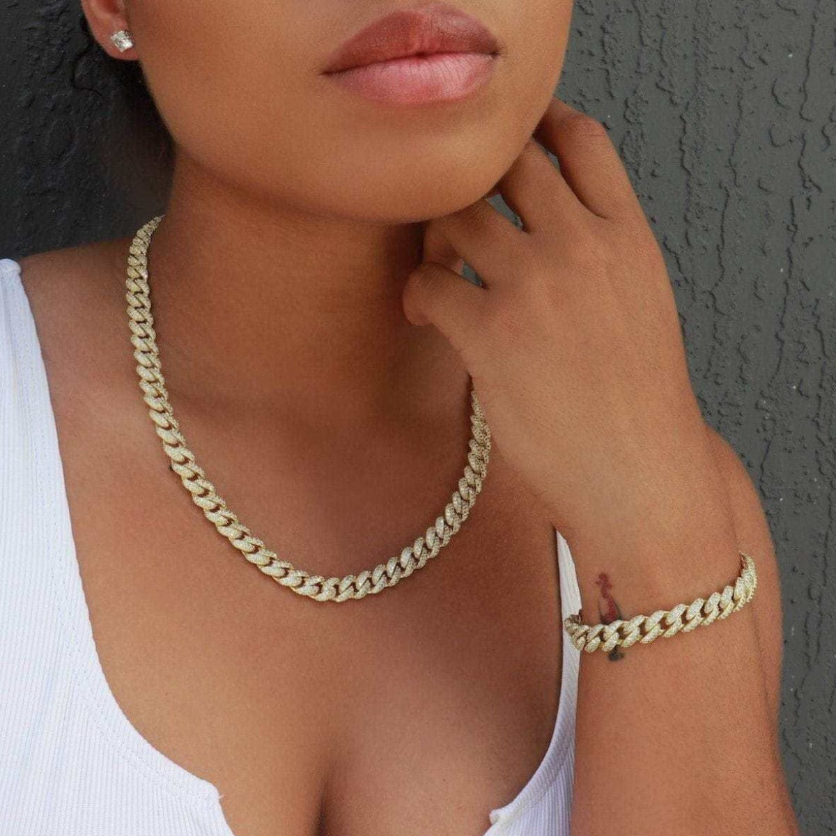 GLD Women Diamond Cuban Chain + Bracelet Bundle in Yellow Gold - 8.5 mm
