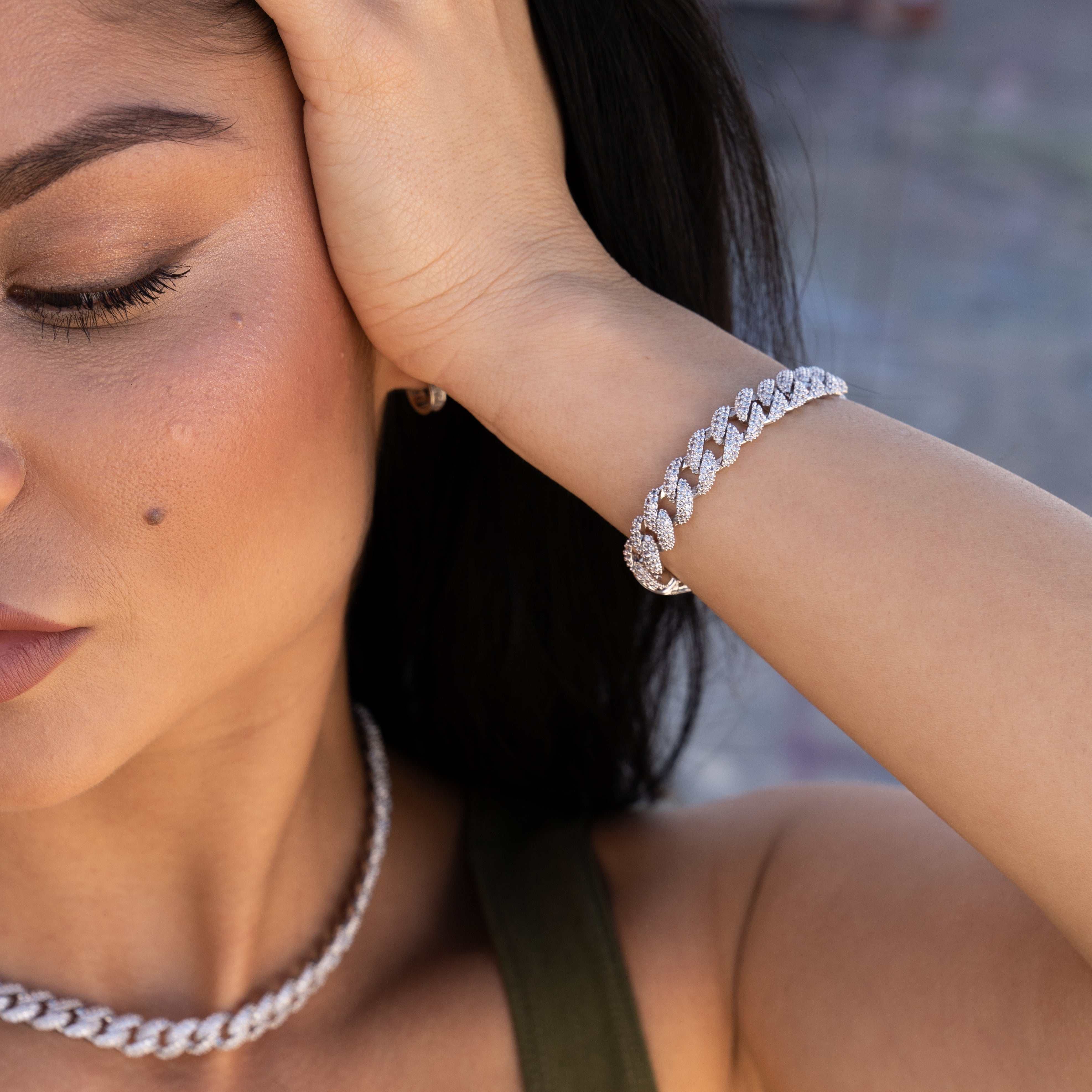 GLD Women Diamond Cuban Chain + Bracelet Bundle in White Gold - 8.5 mm