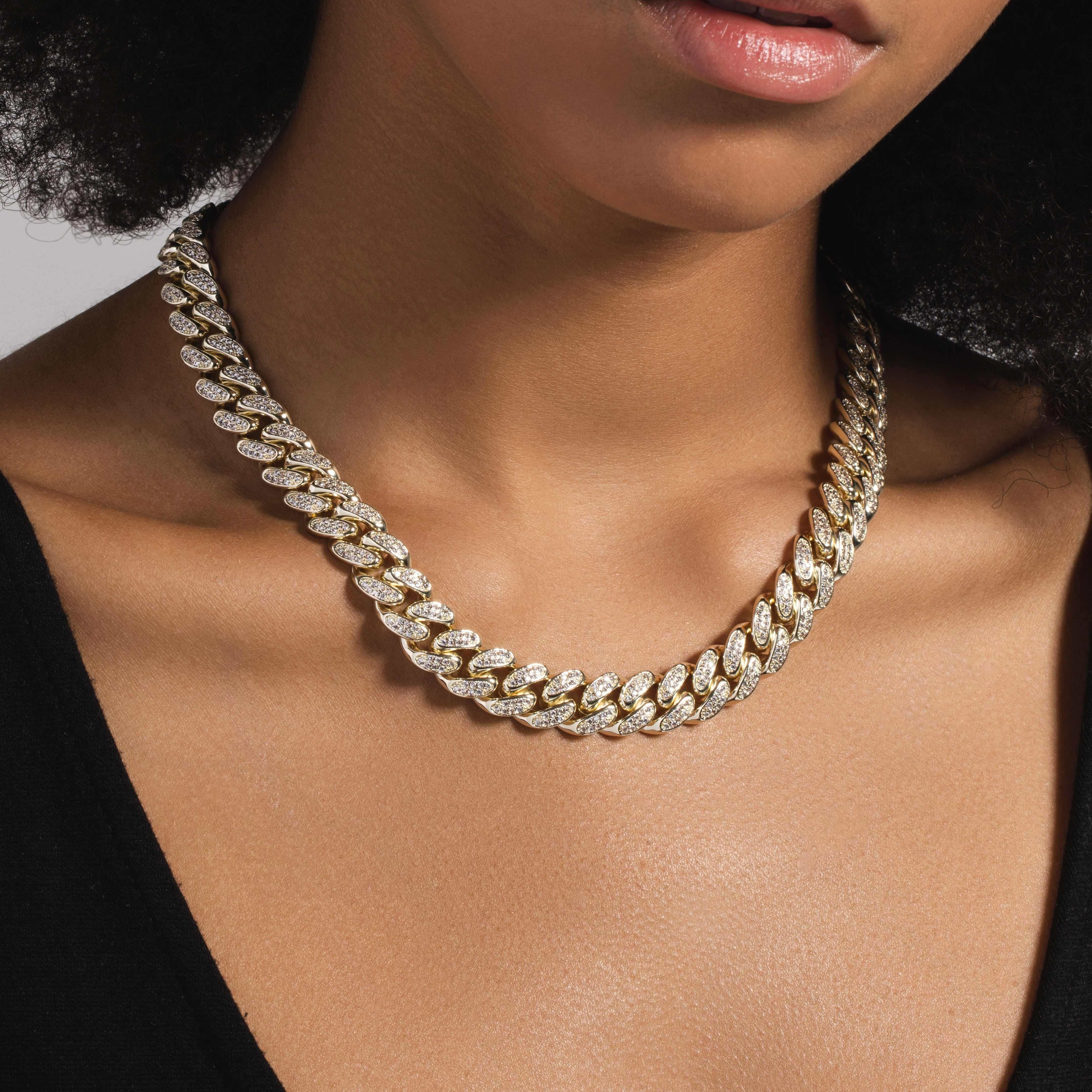 GLD Women Diamond Cuban Link Necklace + Bracelet Bundle in Yellow Gold - 12 mm