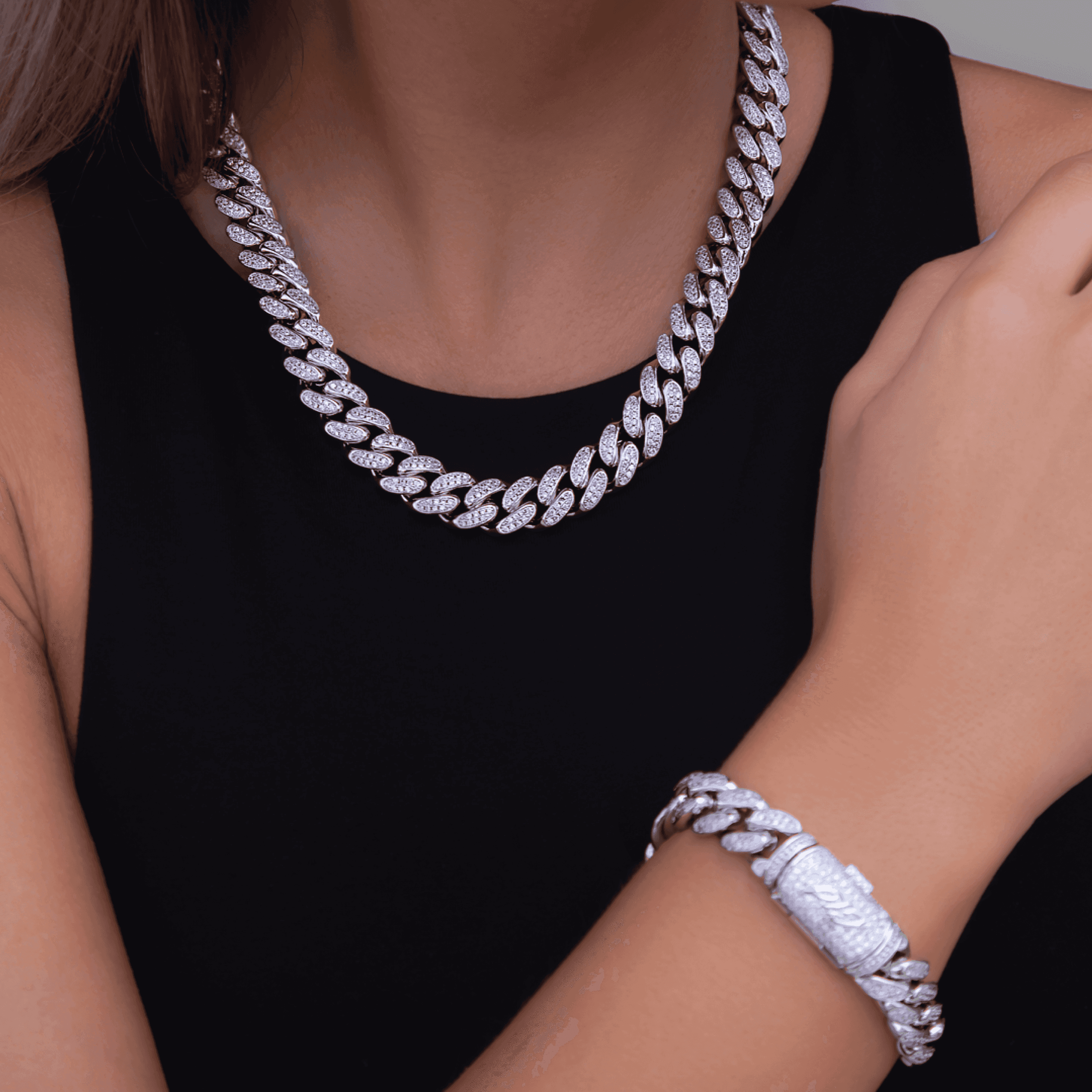 GLD Women Diamond Cuban Link Necklace + Bracelet Bundle in White Gold - 12 mm