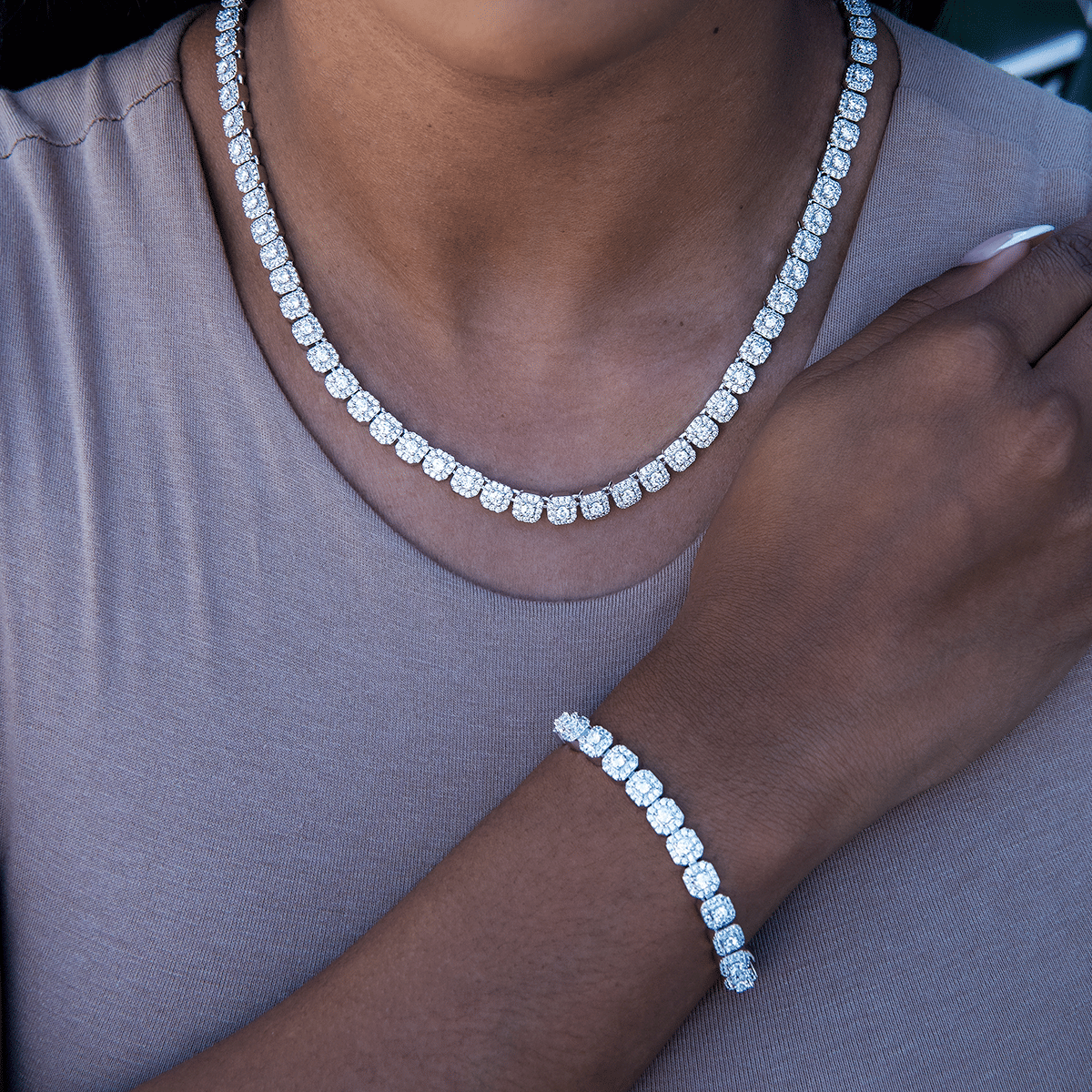 GLD Women Micro Clustered Tennis Necklace + Bracelet Bundle in White Gold
