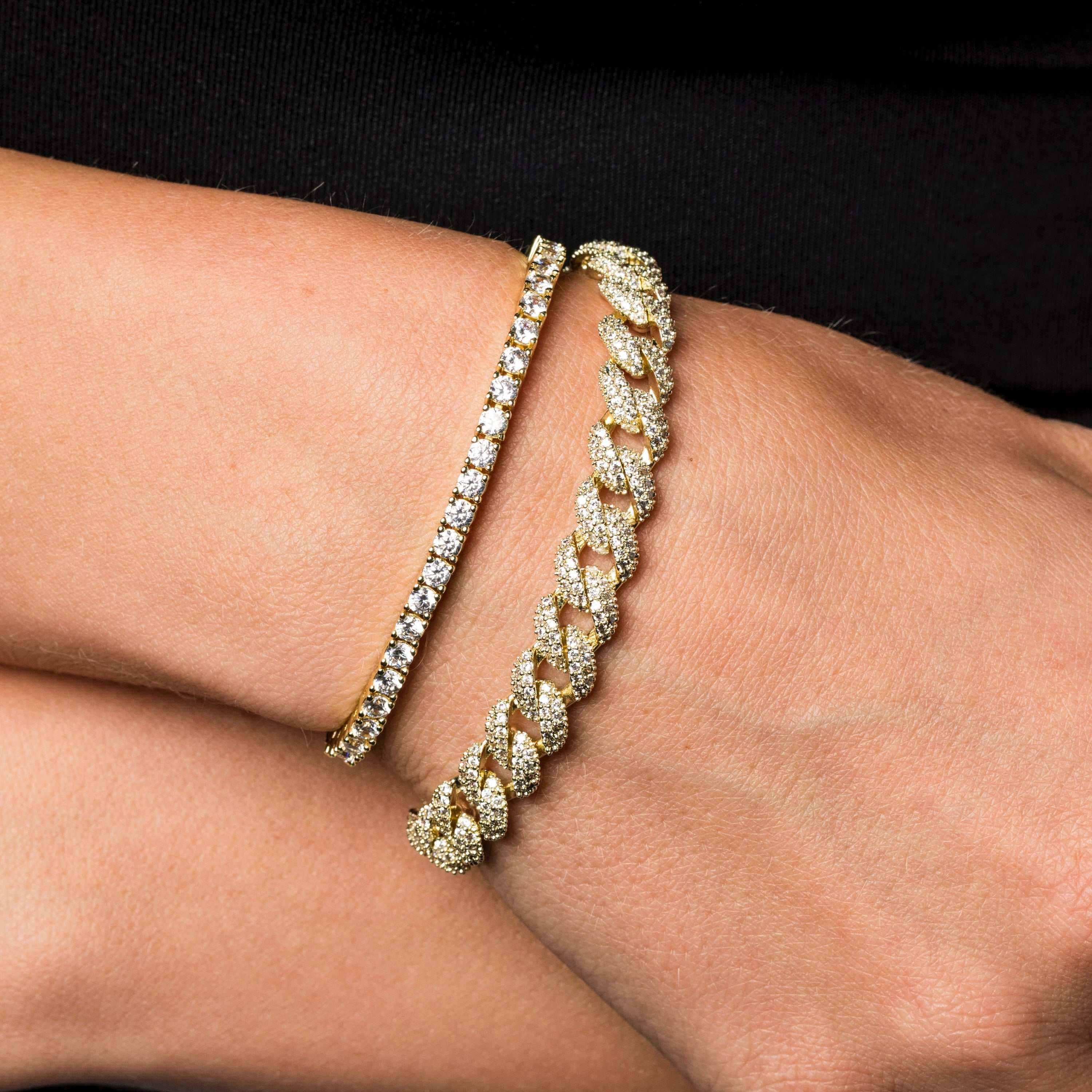 GLD Women 8.5 mm Diamond Cuban + 3 mm Diamond Tennis Bracelet Bundle