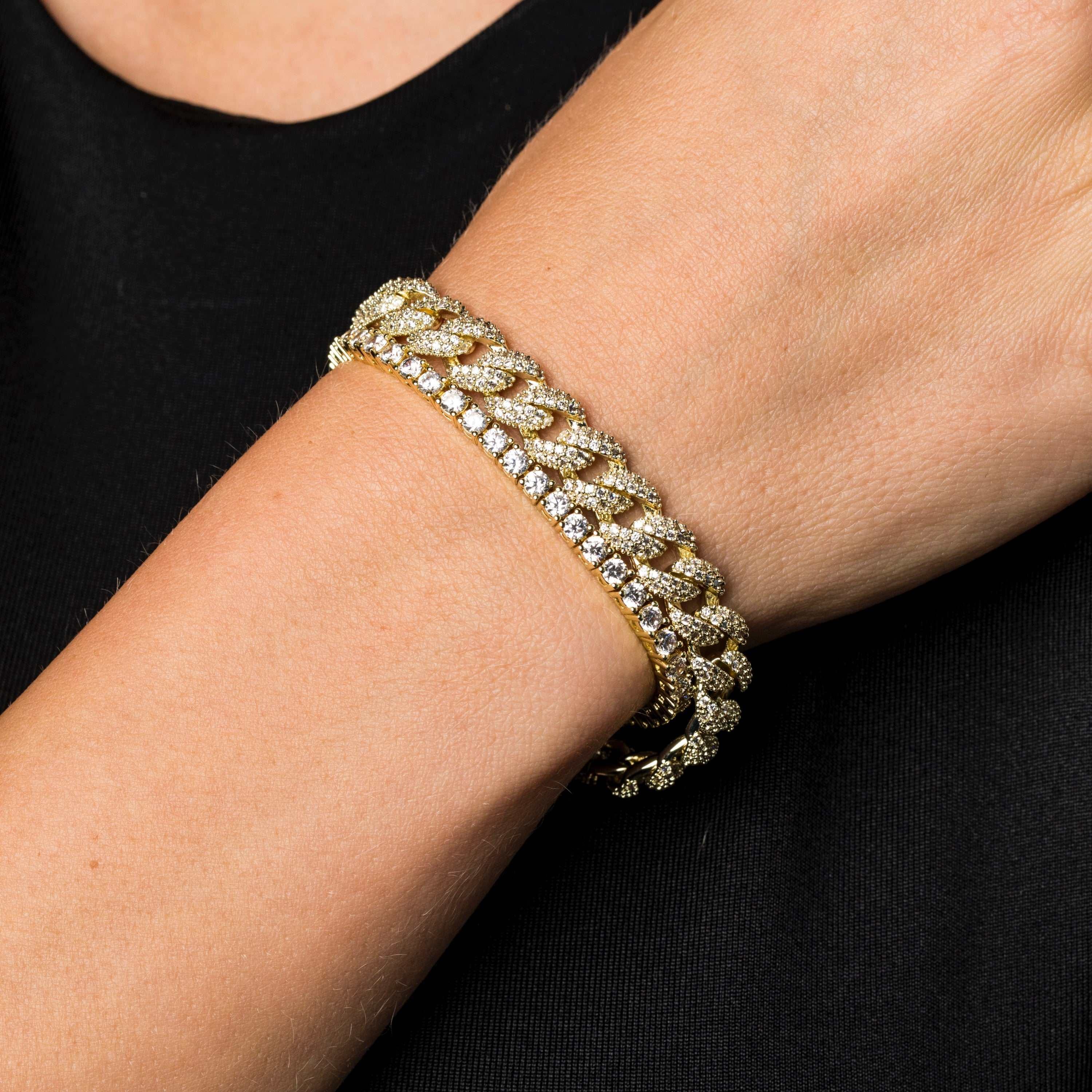 GLD Women 8.5 mm Diamond Cuban + 3 mm Diamond Tennis Bracelet Bundle