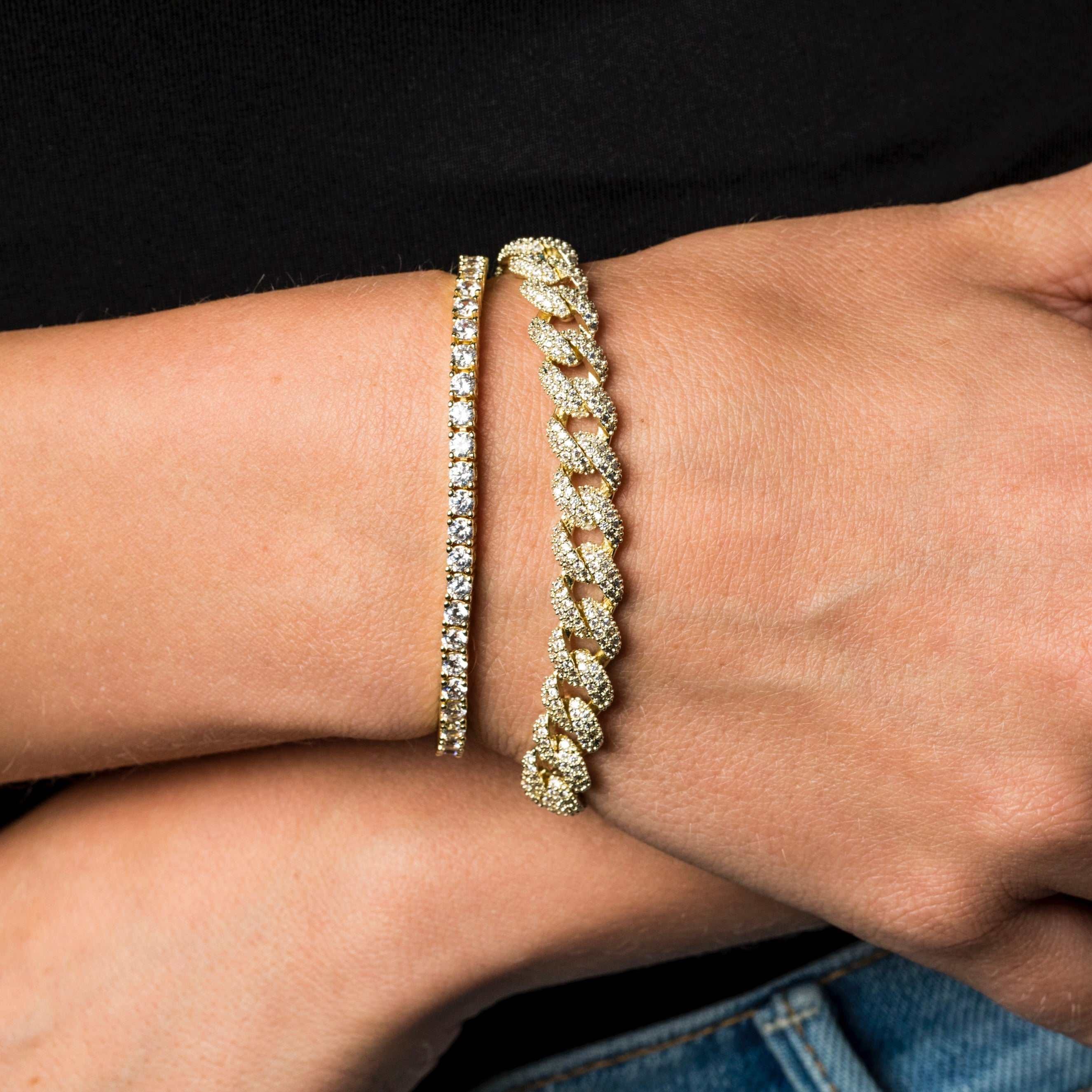GLD Women 8.5 mm Diamond Cuban + 3 mm Diamond Tennis Bracelet Bundle