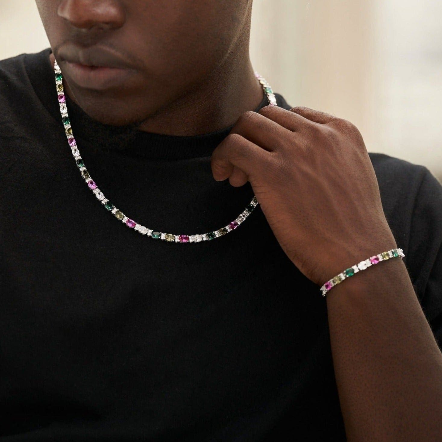 GLD Men Multicolor Mixed Oval Cut Tennis Chain + Bracelet Bundle - 5 mm