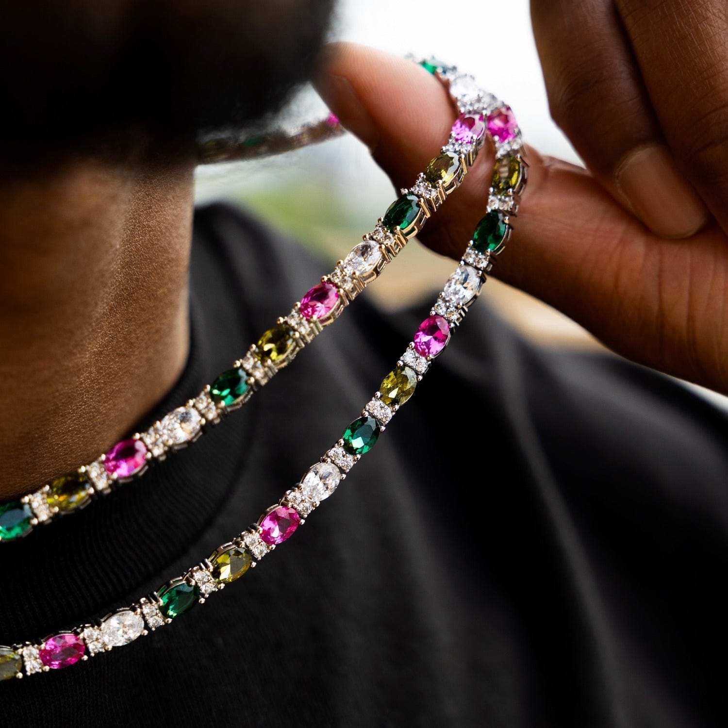 GLD Men Multicolor Mixed Oval Cut Tennis Chain + Bracelet Bundle - 5 mm