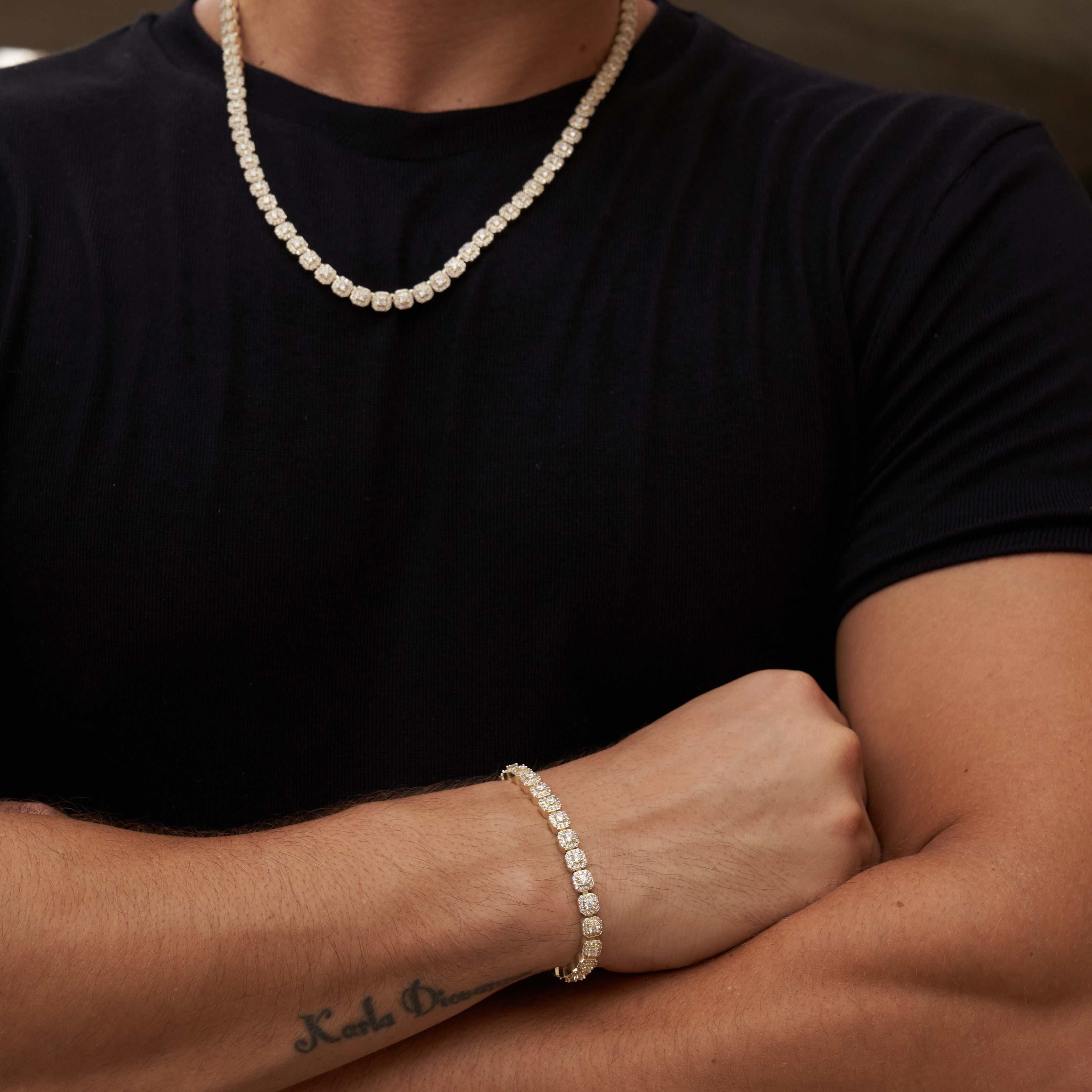 GLD Men Micro Clustered Tennis Necklace + Bracelet Bundle in Yellow Gold