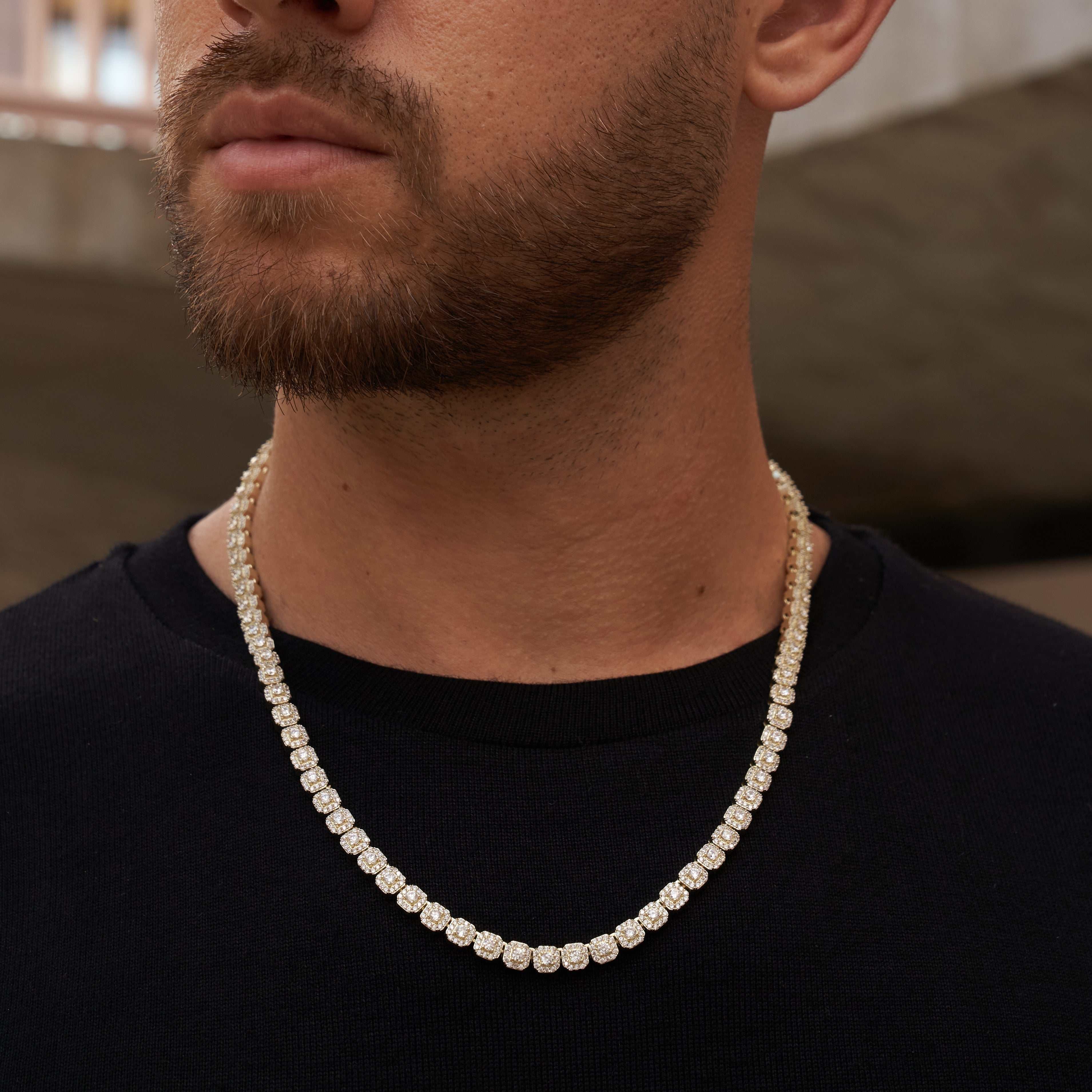 GLD Men Micro Clustered Tennis Necklace + Bracelet Bundle in Yellow Gold