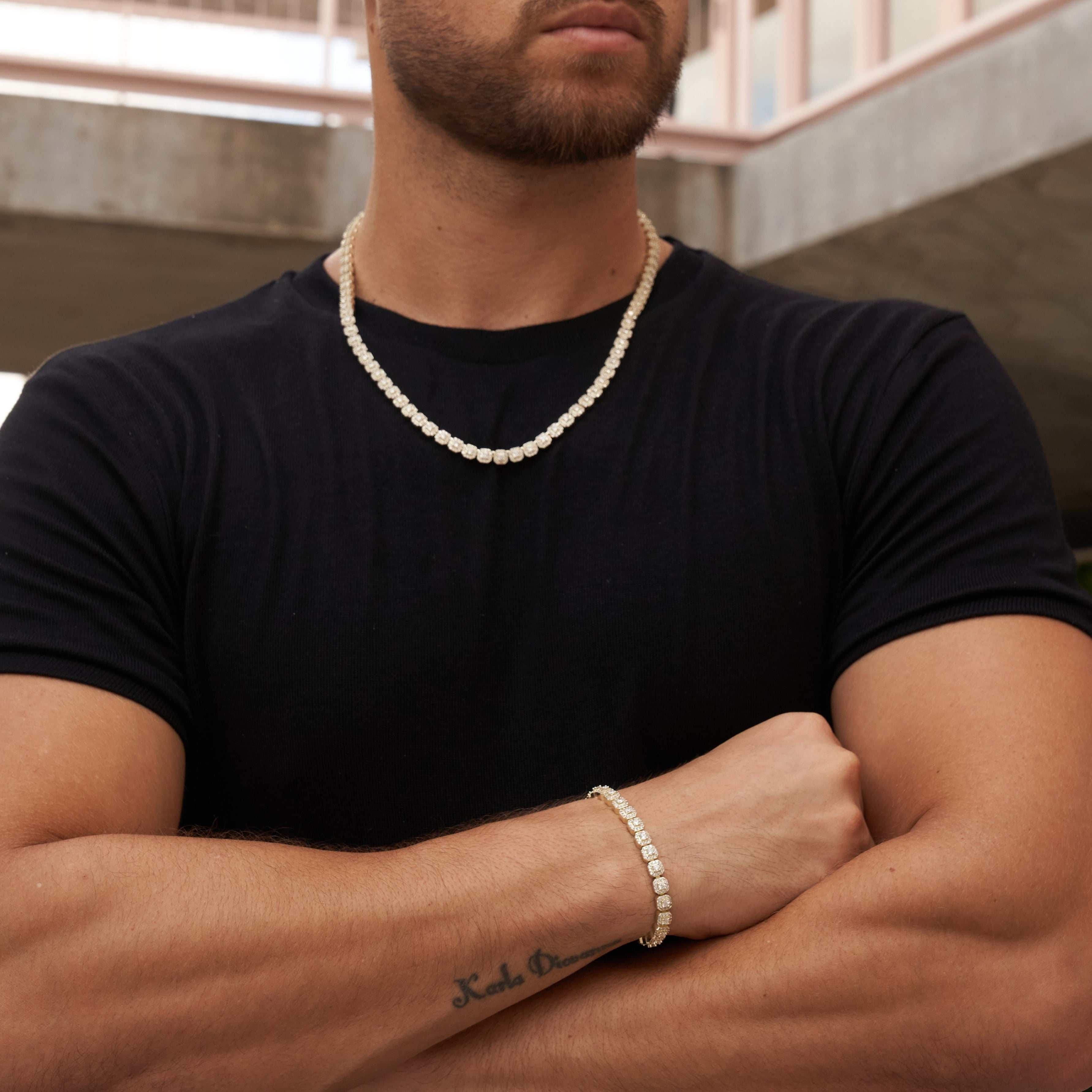GLD Men Micro Clustered Tennis Necklace + Bracelet Bundle in Yellow Gold