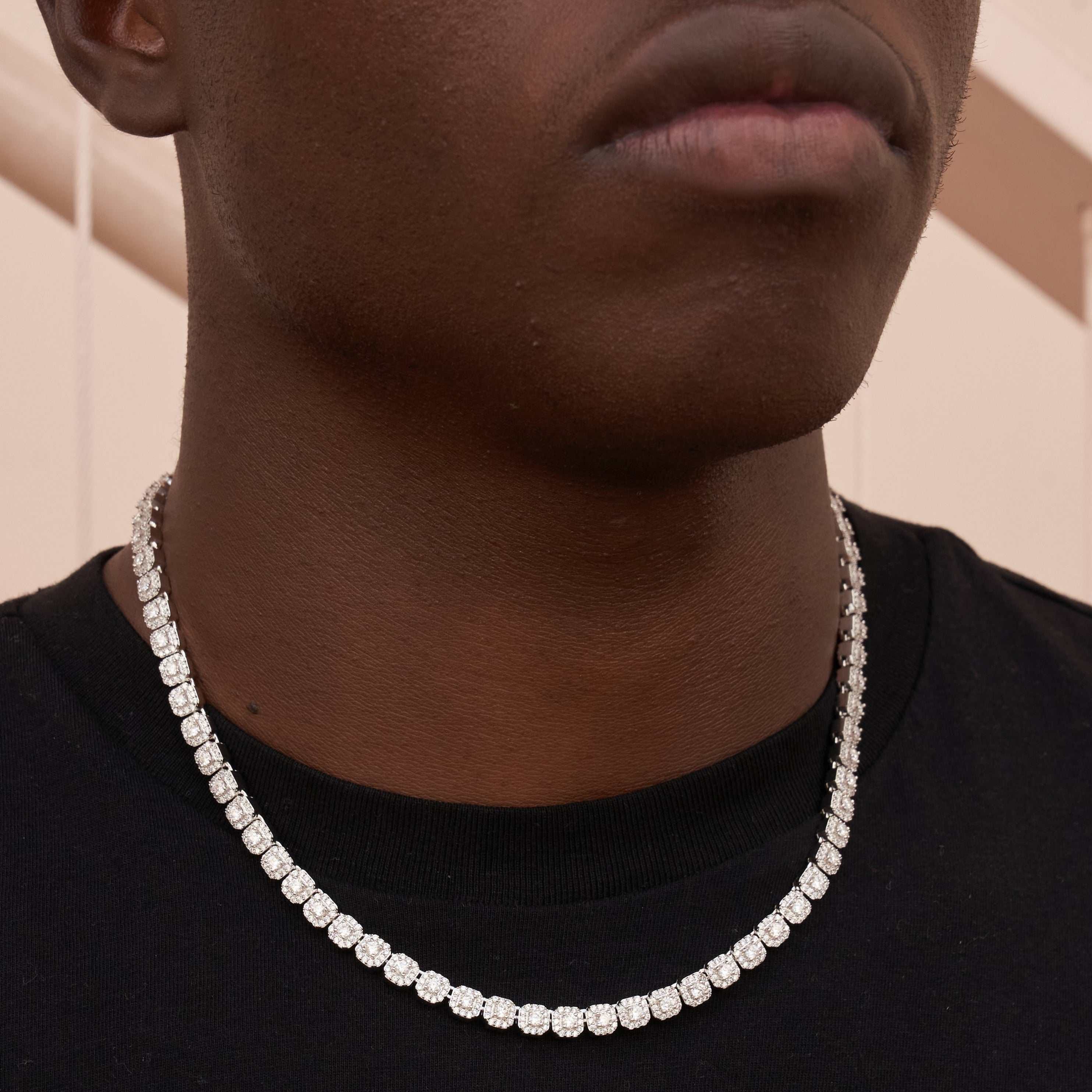 GLD Men Micro Clustered Tennis Chain + Bracelet Bundle in White Gold